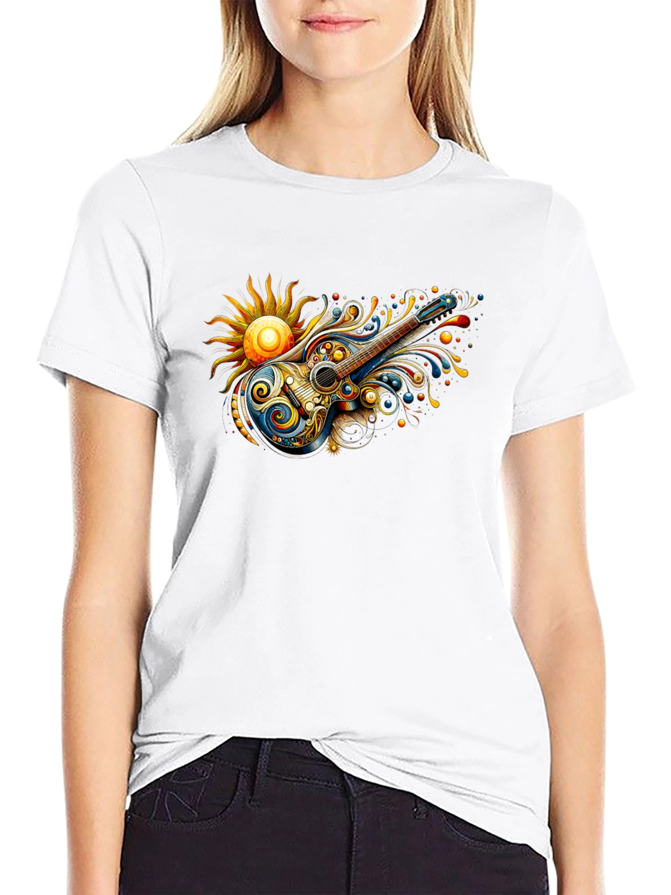 Psychedelic Guitar Sun Graphic Black T-Shirt