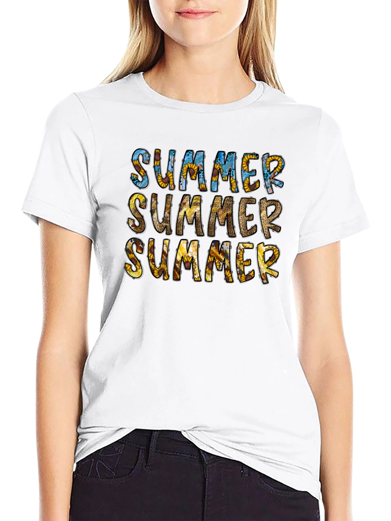 Summer Sunflower Print Black T-Shirt