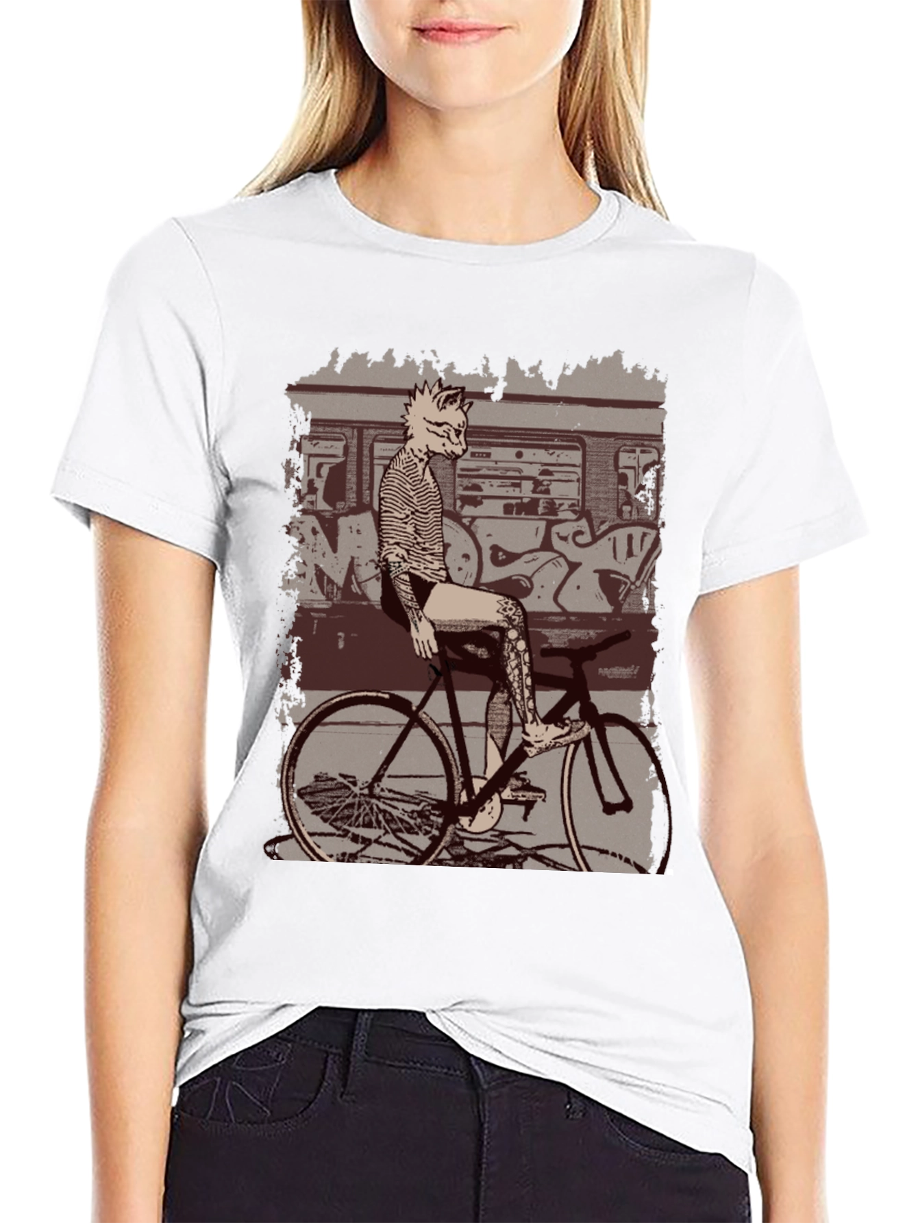Tattooed Cat on Bike Graphic T-Shirt