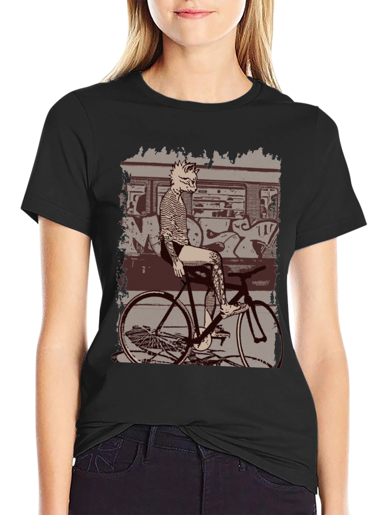 Tattooed Cat on Bike Graphic T-Shirt