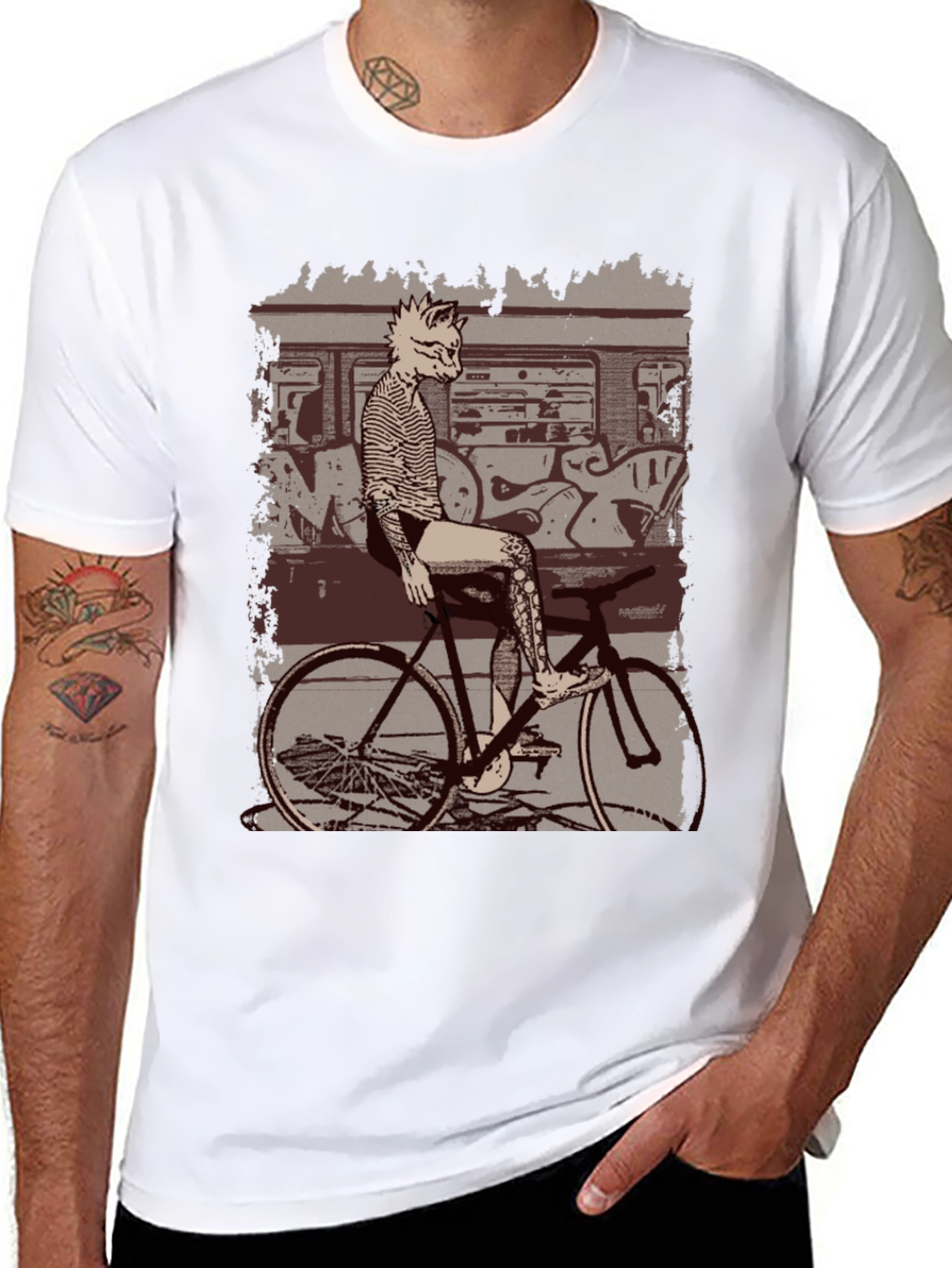 Tattooed Cat on Bike Graphic T-Shirt