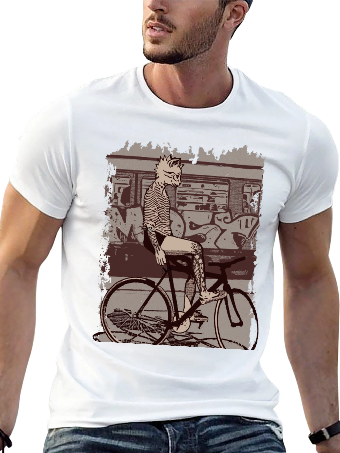 Tattooed Cat on Bike Graphic T-Shirt