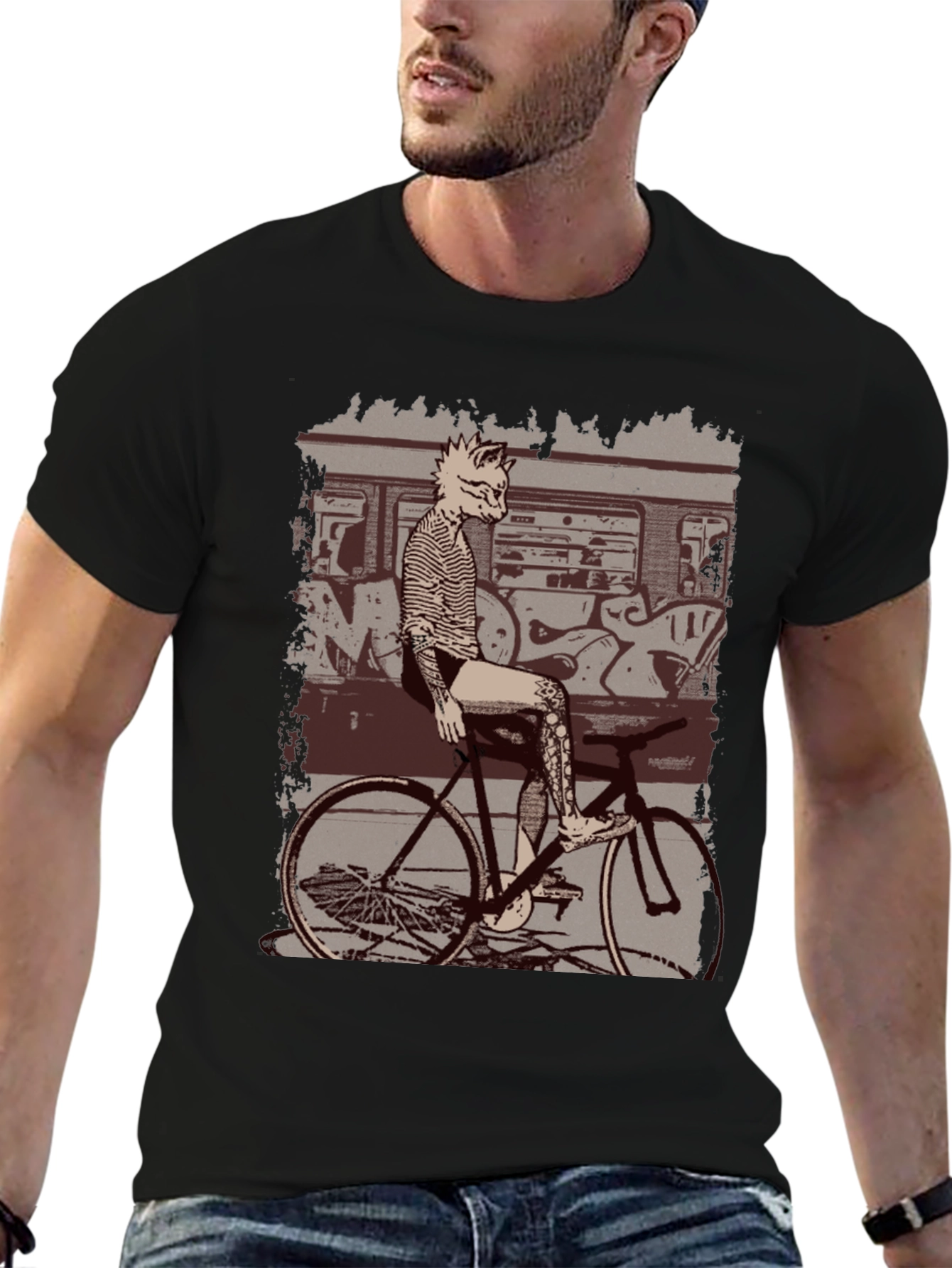 Tattooed Cat on Bike Graphic T-Shirt