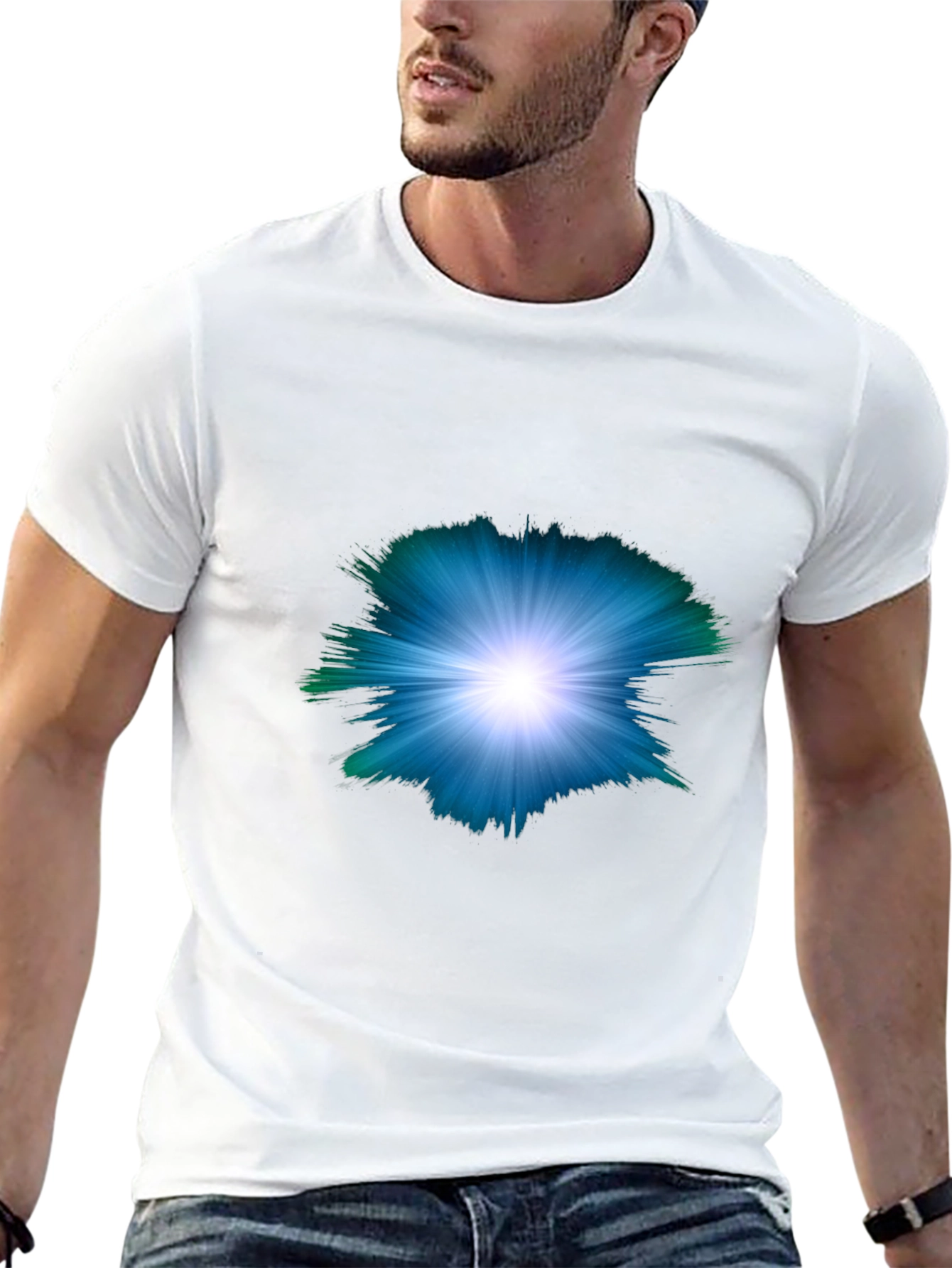 Mens Black T-shirt with Abstract Light Burst Design