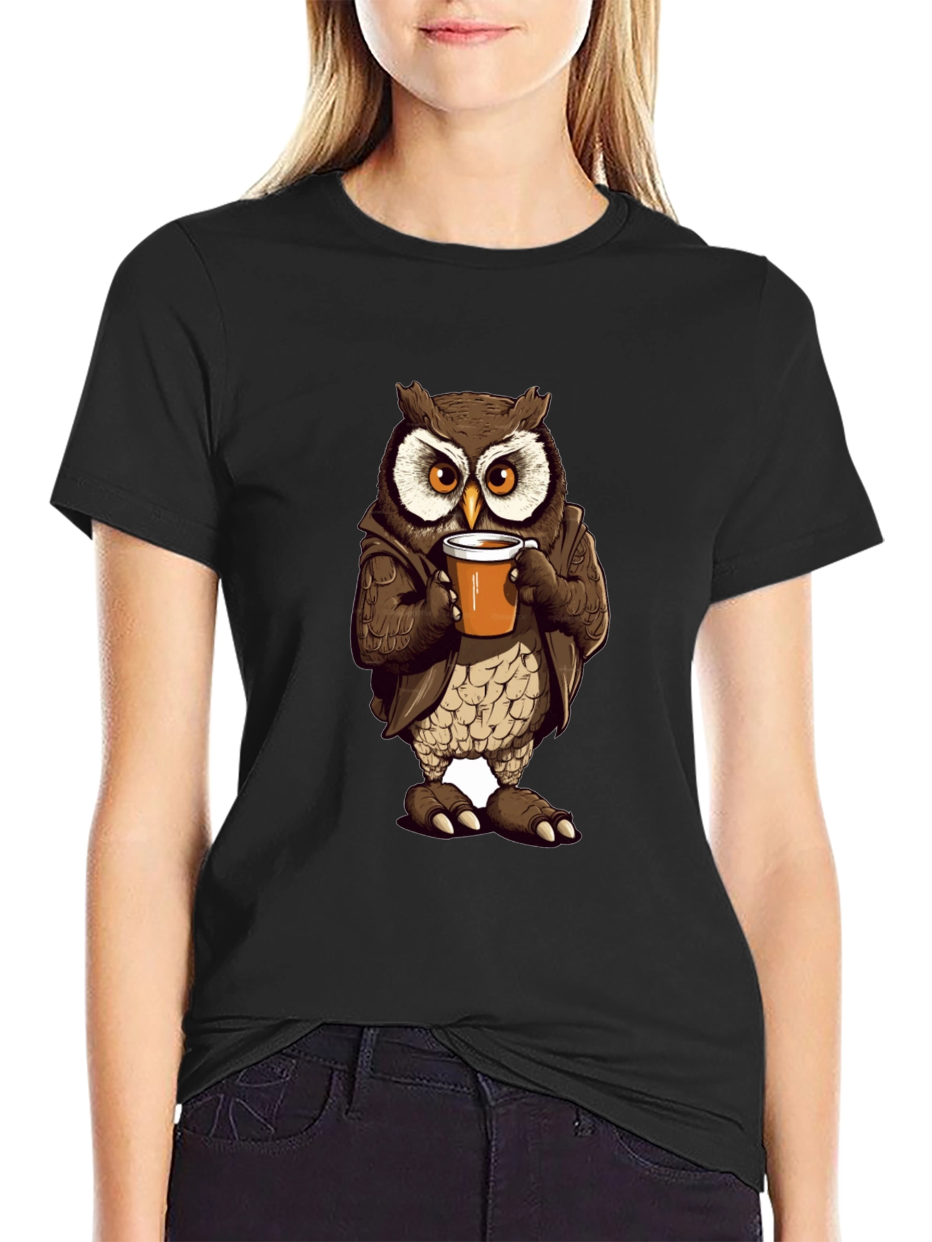 Owl with Coffee T-Shirt - Unique Design
