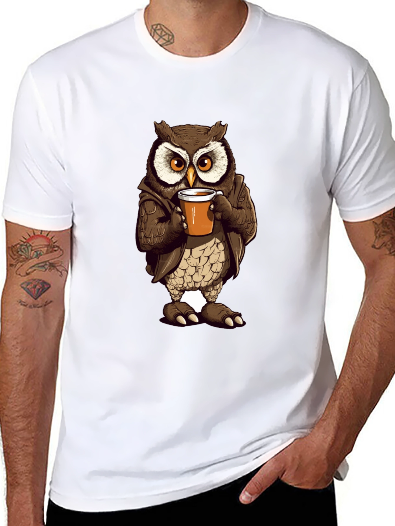 Owl with Coffee T-Shirt - Unique Design