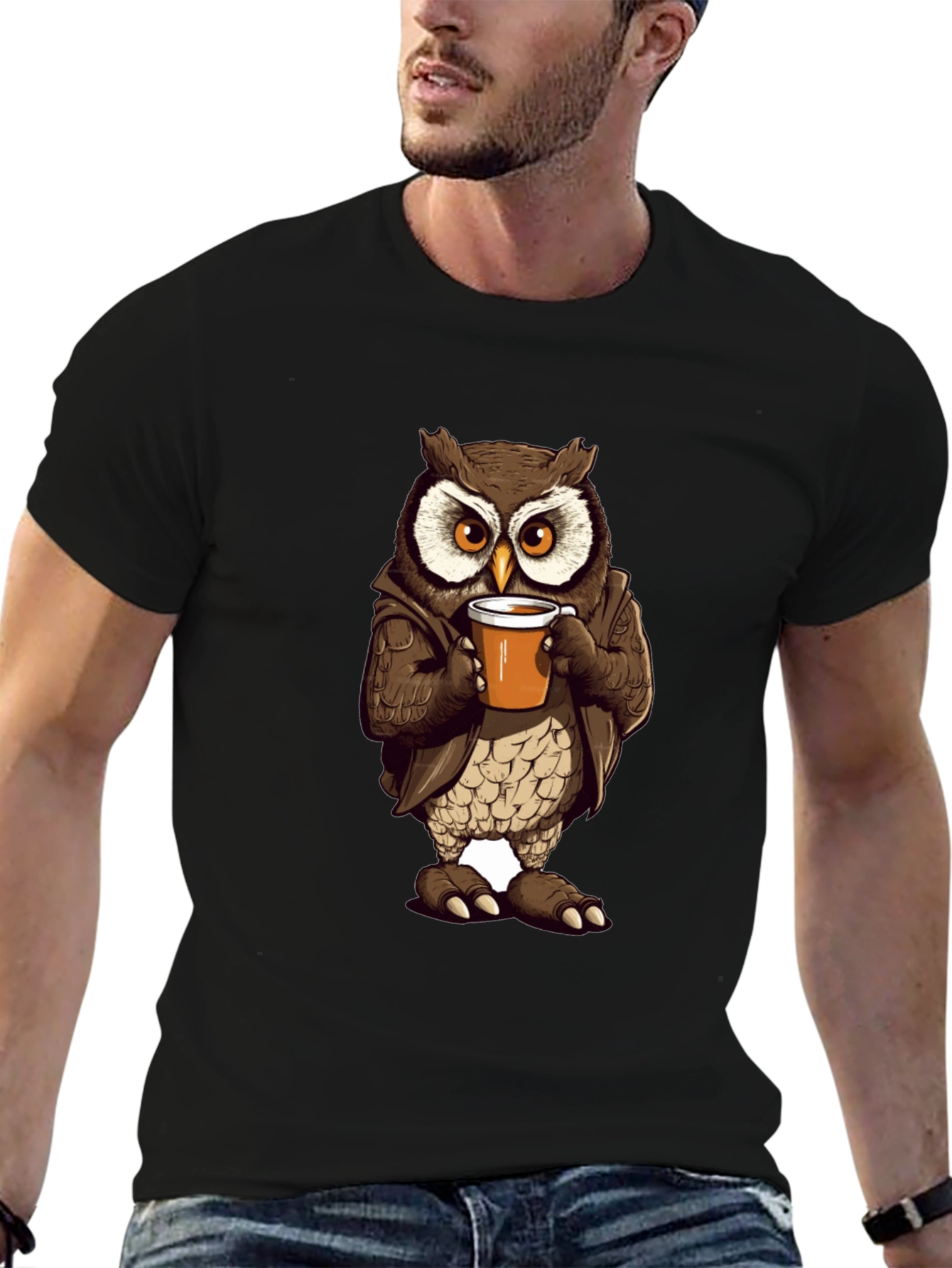 Owl with Coffee T-Shirt - Unique Design