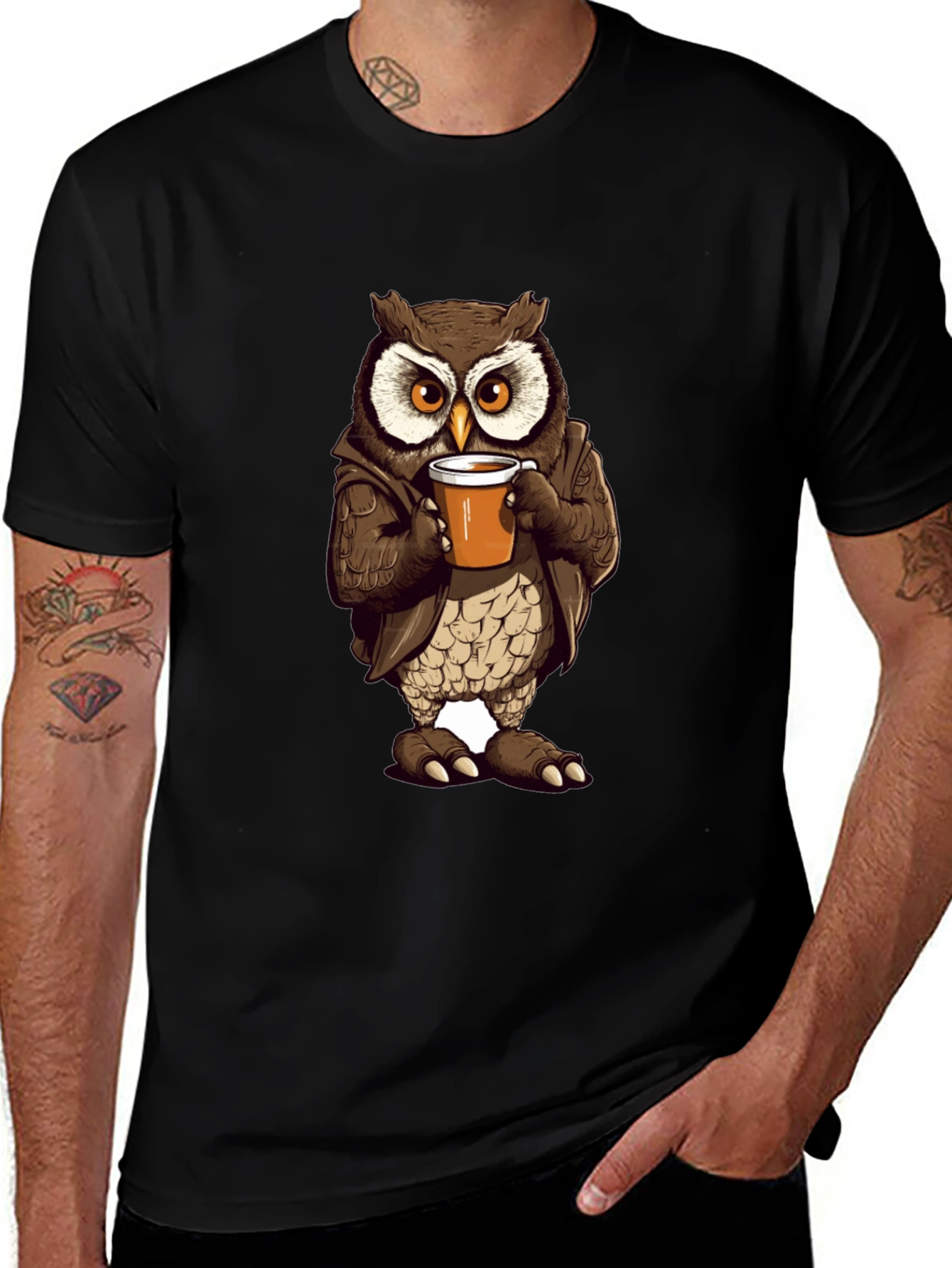 Owl with Coffee T-Shirt - Unique Design