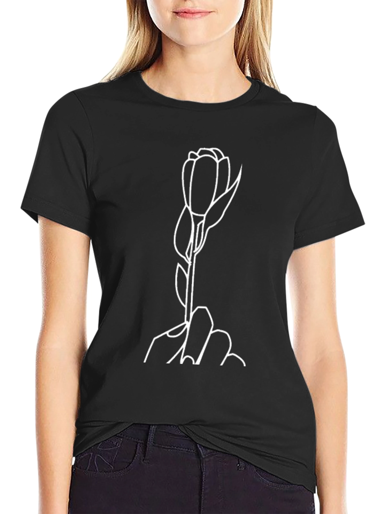 Minimalist Flower Graphic Black T-Shirt