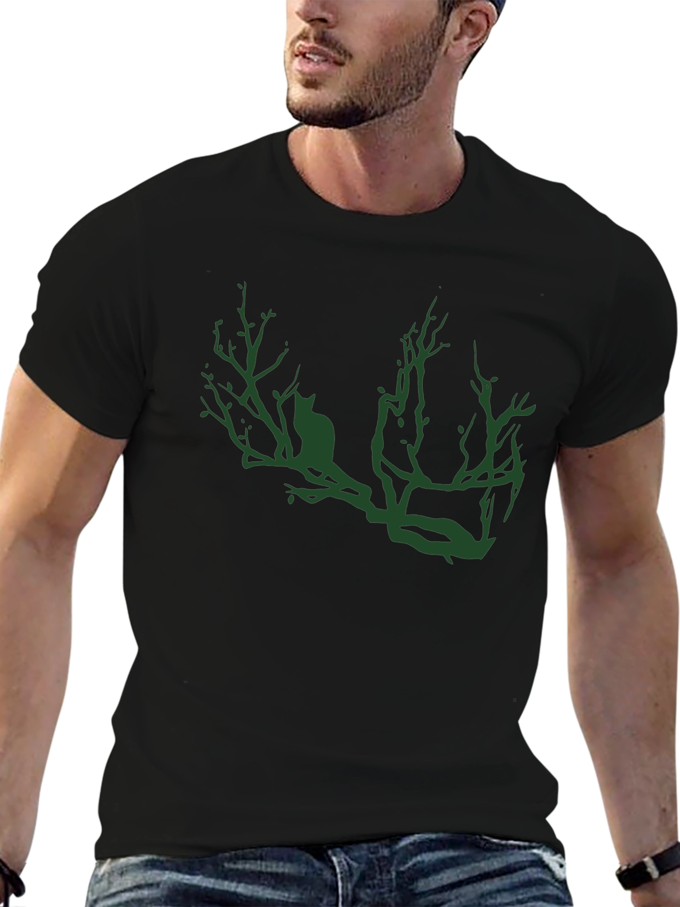 Cat on Branch Graphic Tee - Mens Black T-Shirt