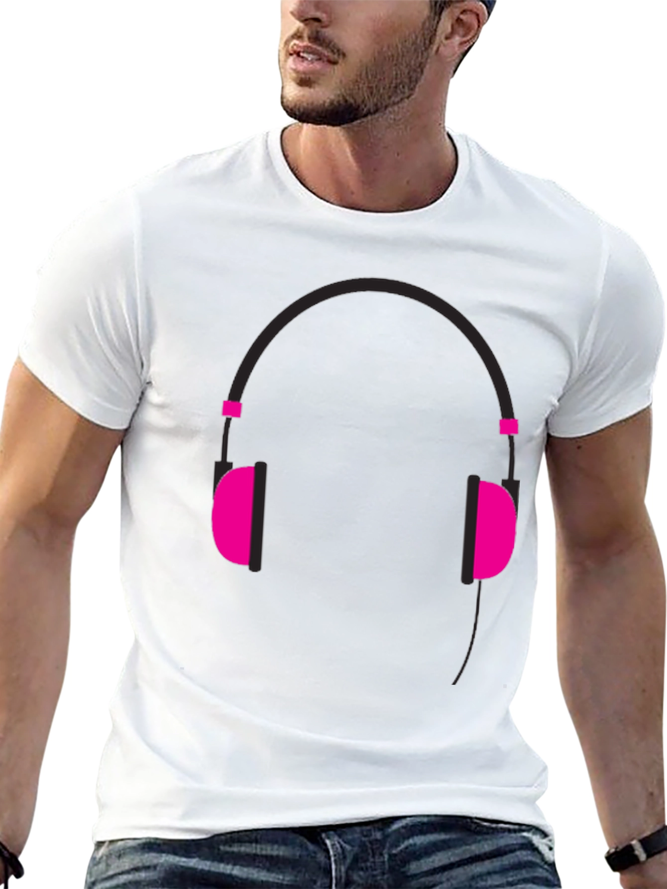 Graphic Tee: Headphones Design - Black Cotton Casual Wear