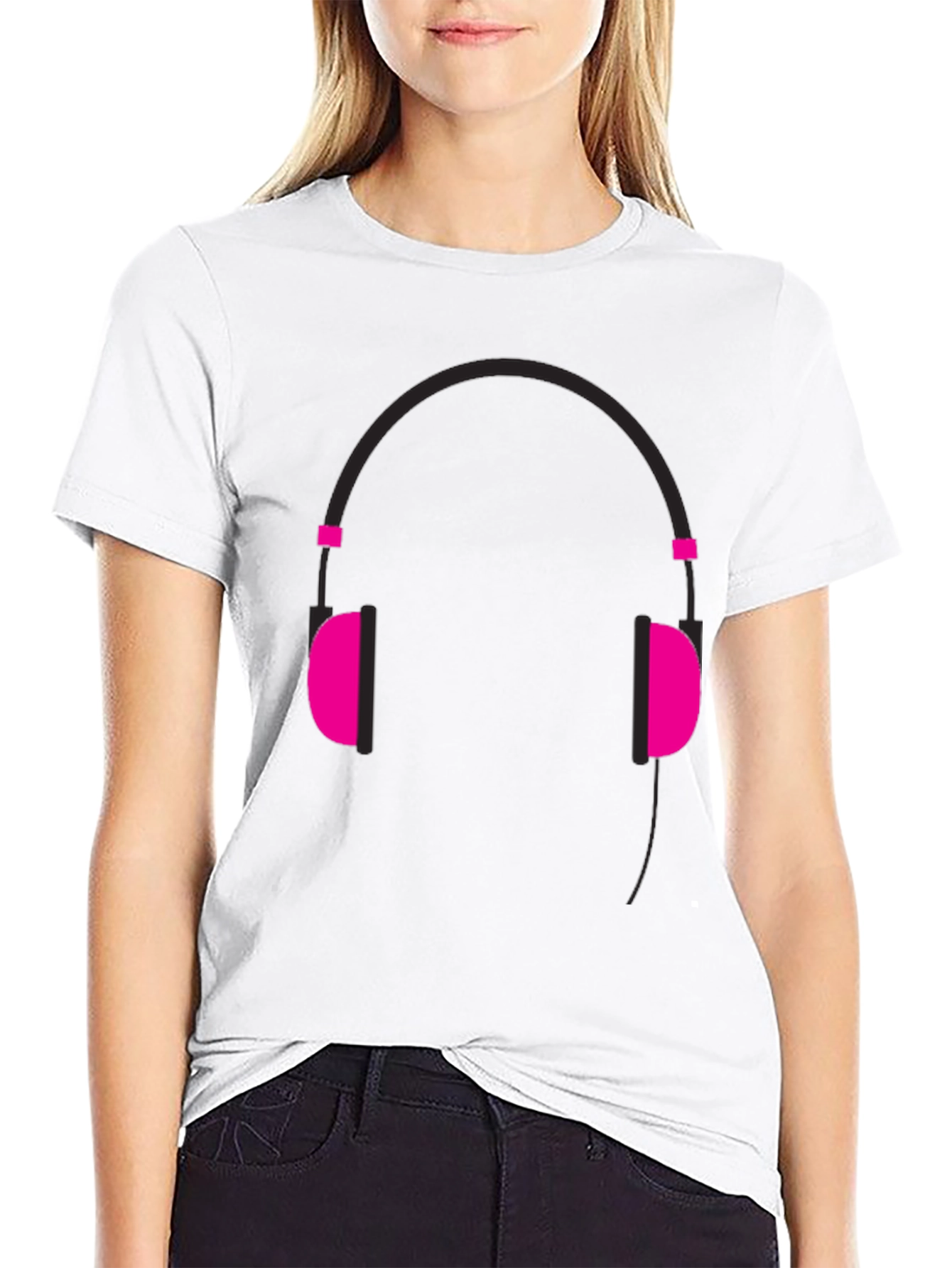 Graphic Tee: Headphones Design - Black Cotton Casual Wear