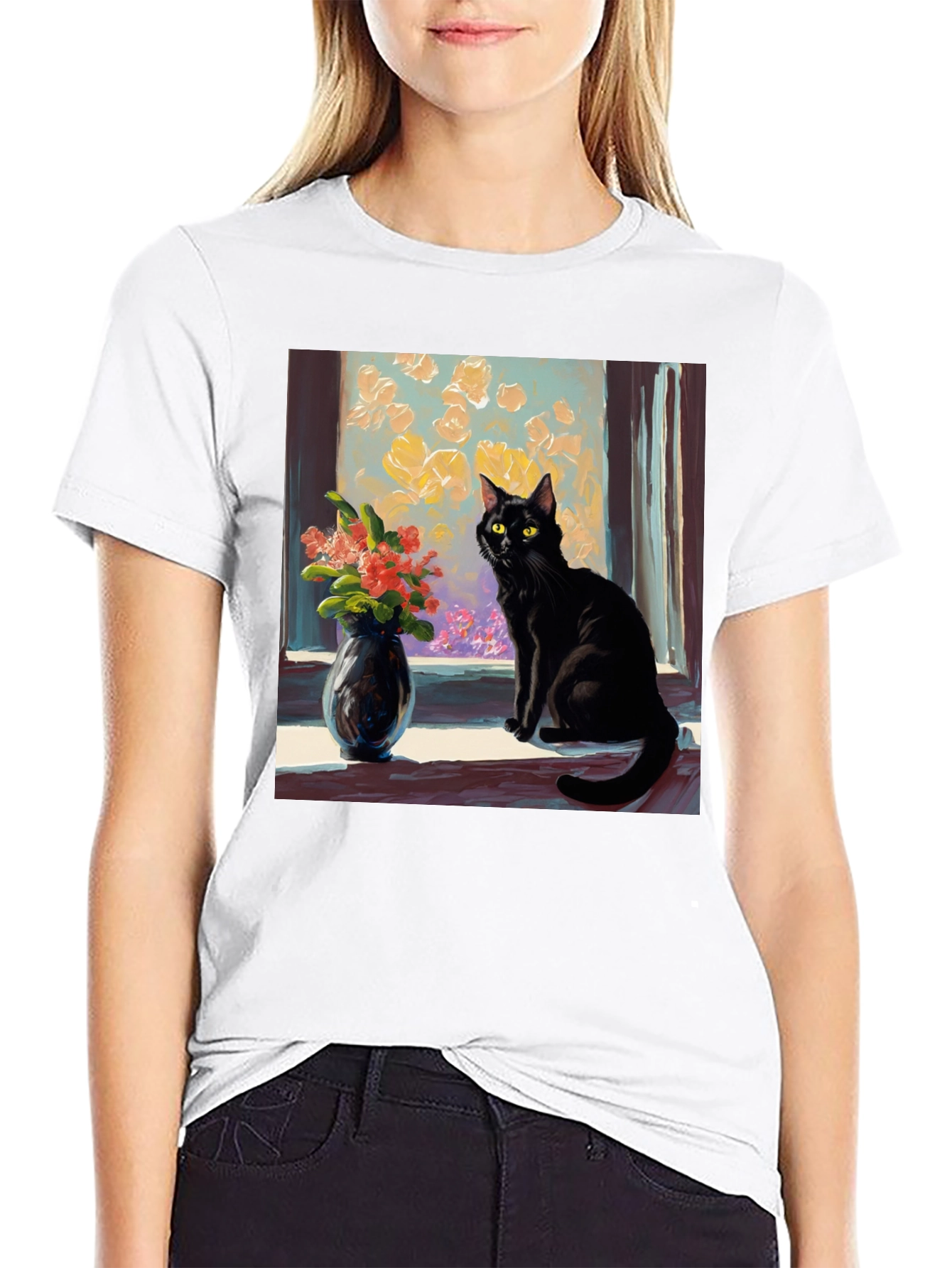 Black Cat Window Flowers T-Shirt