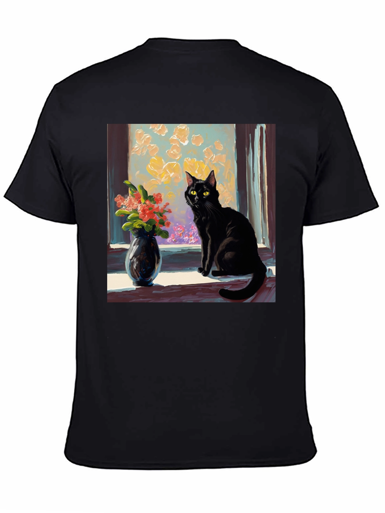 Black Cat Window Flowers T-Shirt