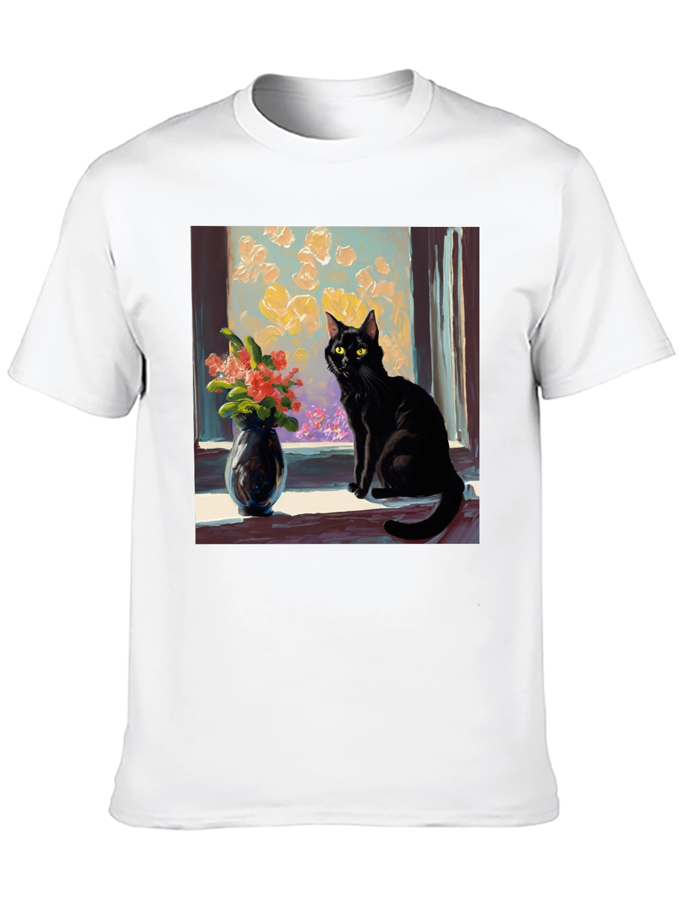 Black Cat Window Flowers T-Shirt