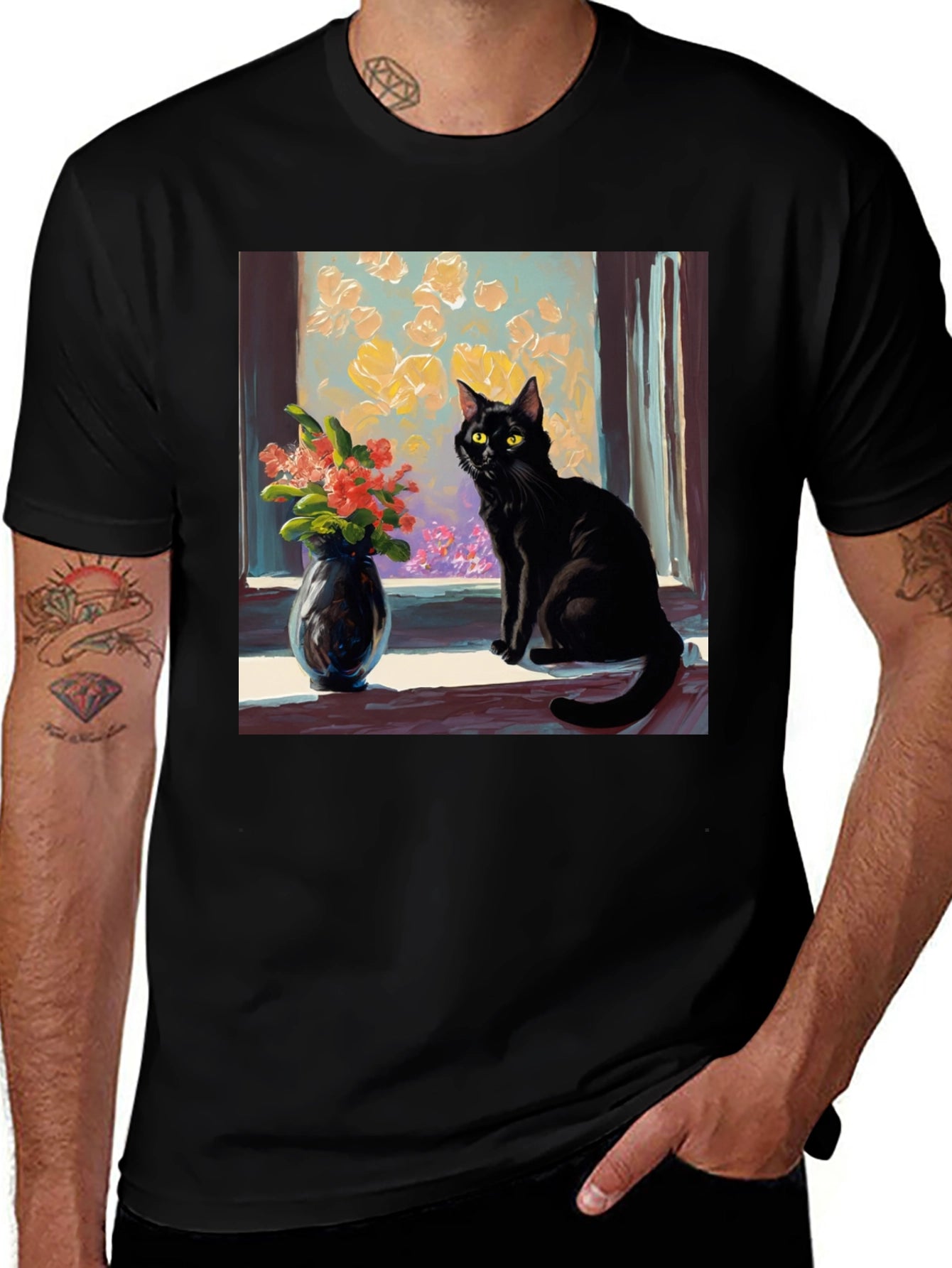 Black Cat Window Flowers T-Shirt