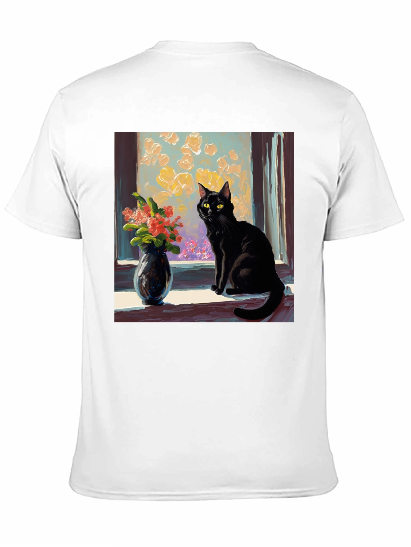Black Cat Window Flowers T-Shirt