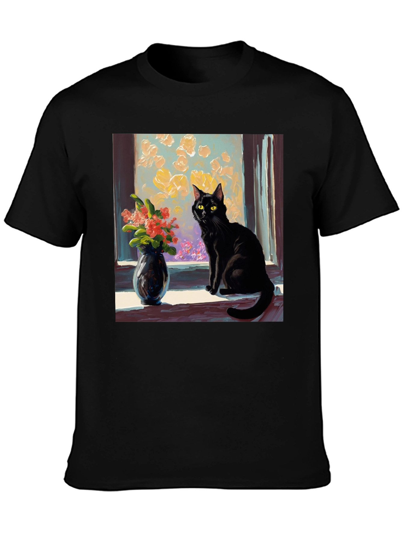 Black Cat Window Flowers T-Shirt