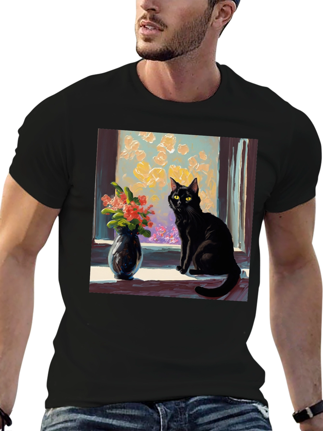 Black Cat Window Flowers T-Shirt