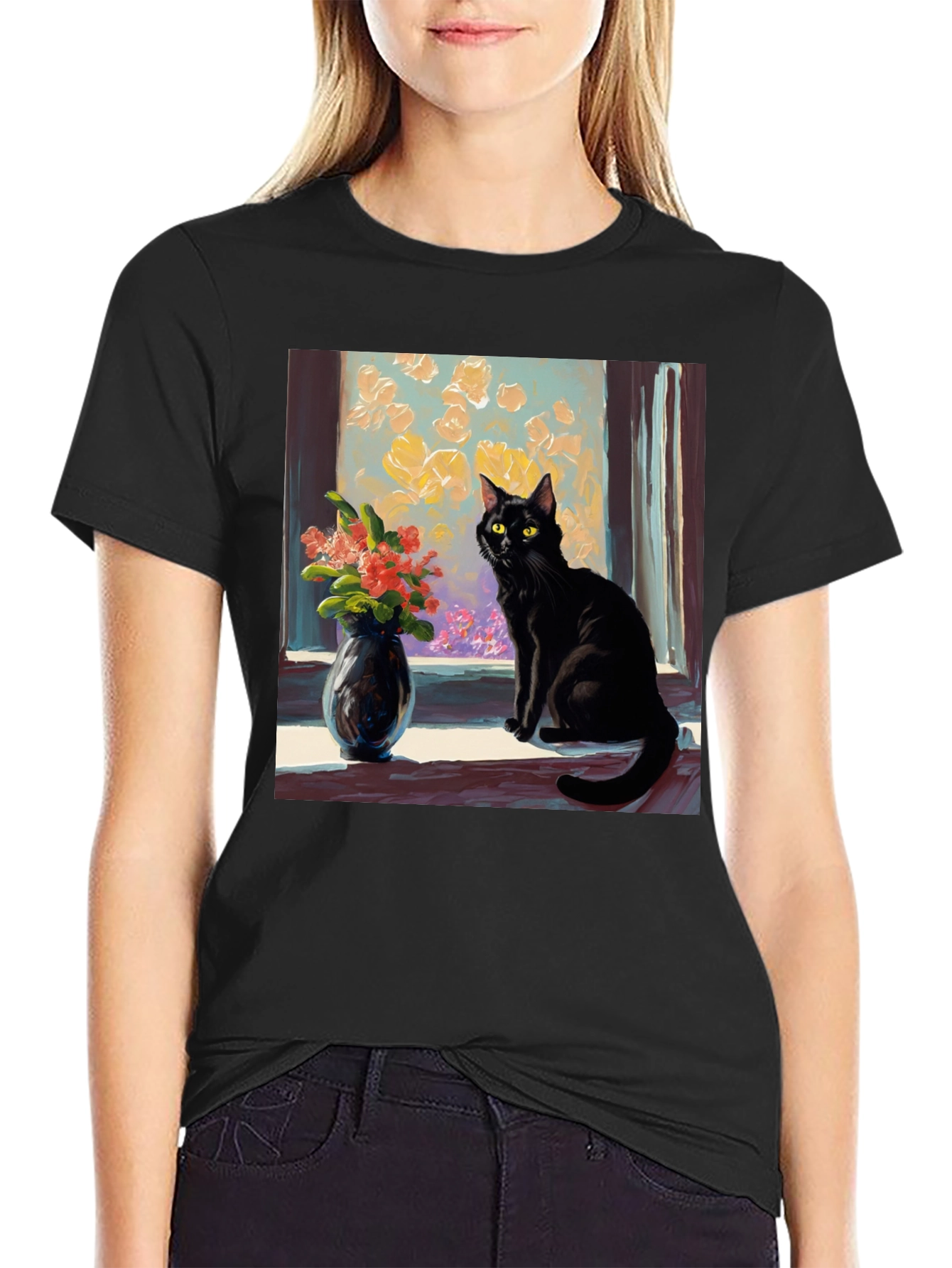 Black Cat Window Flowers T-Shirt