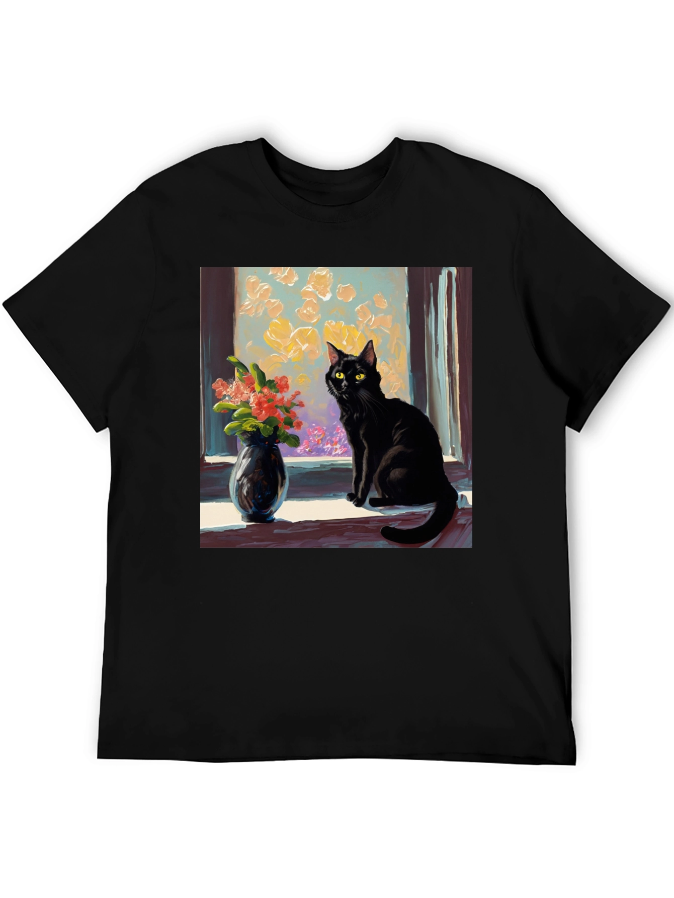 Black Cat Window Flowers T-Shirt