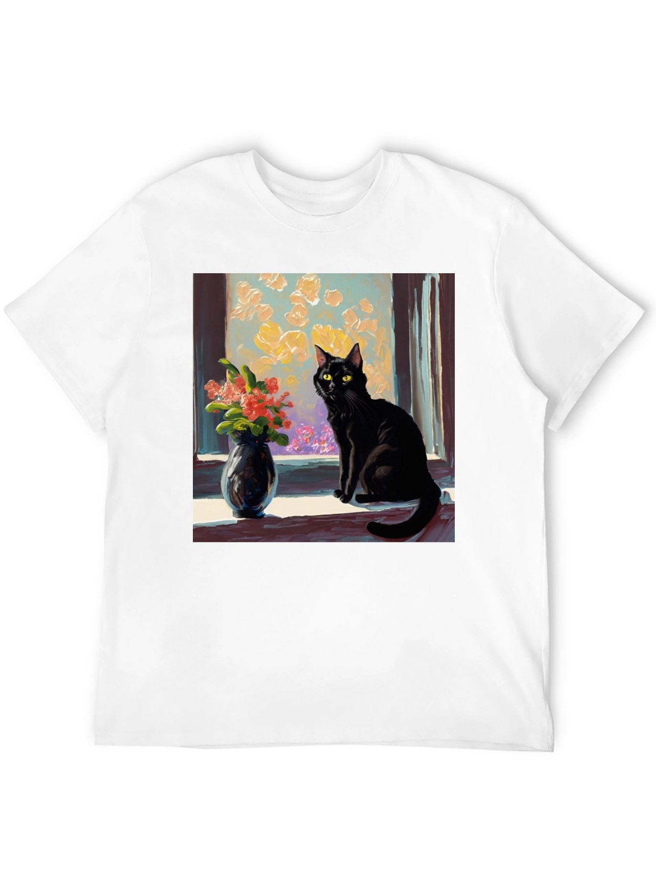 Black Cat Window Flowers T-Shirt