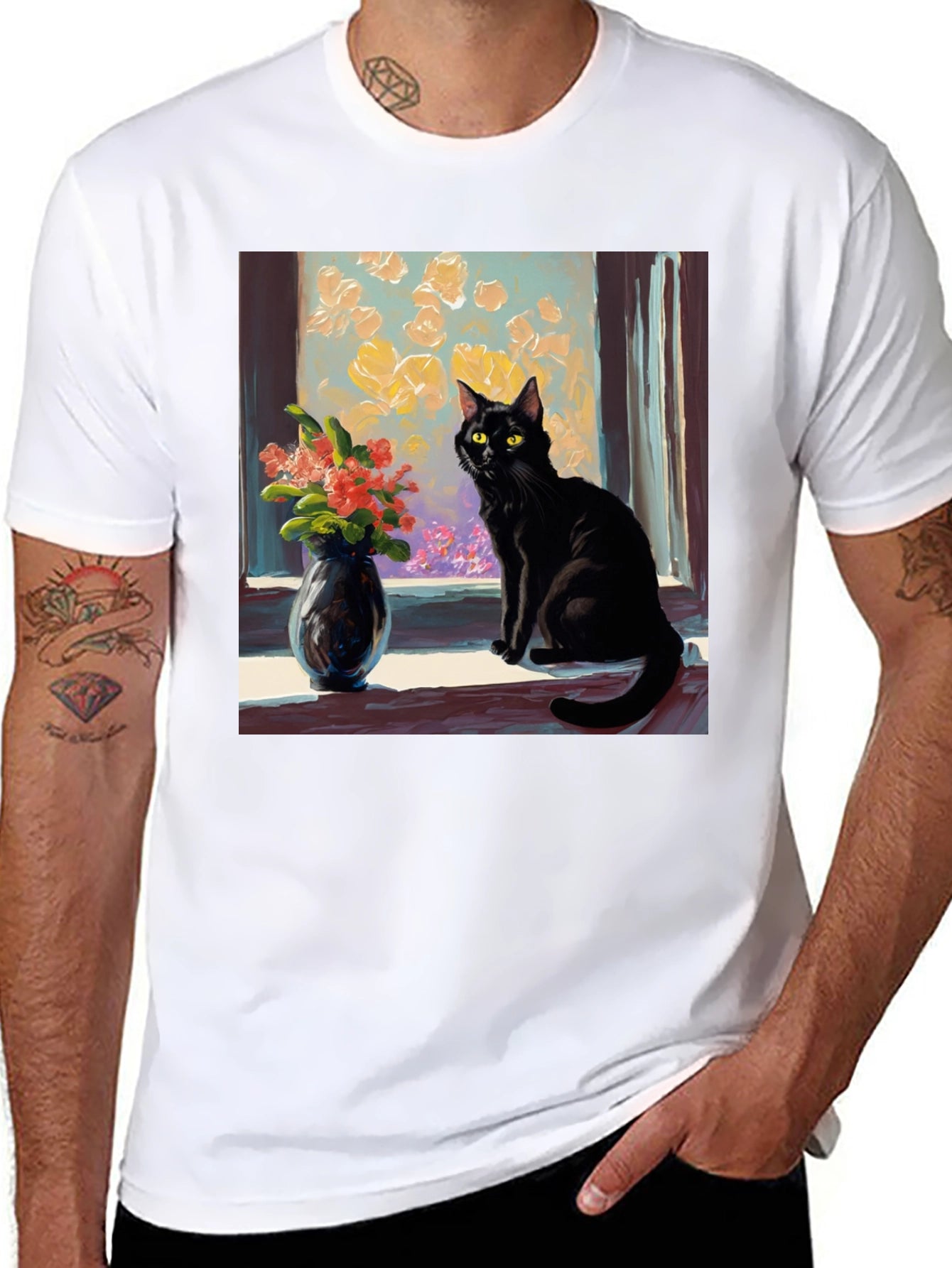 Black Cat Window Flowers T-Shirt