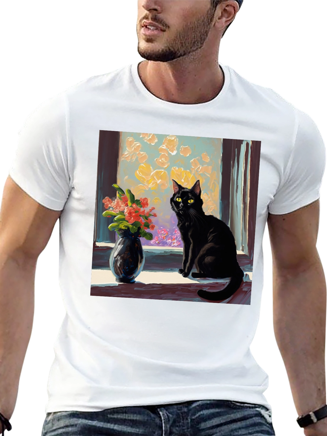 Black Cat Window Flowers T-Shirt