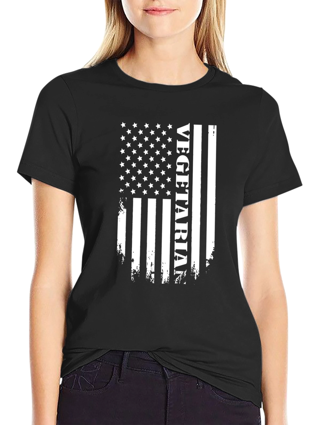 Vegetarian American Flag Black T-Shirt