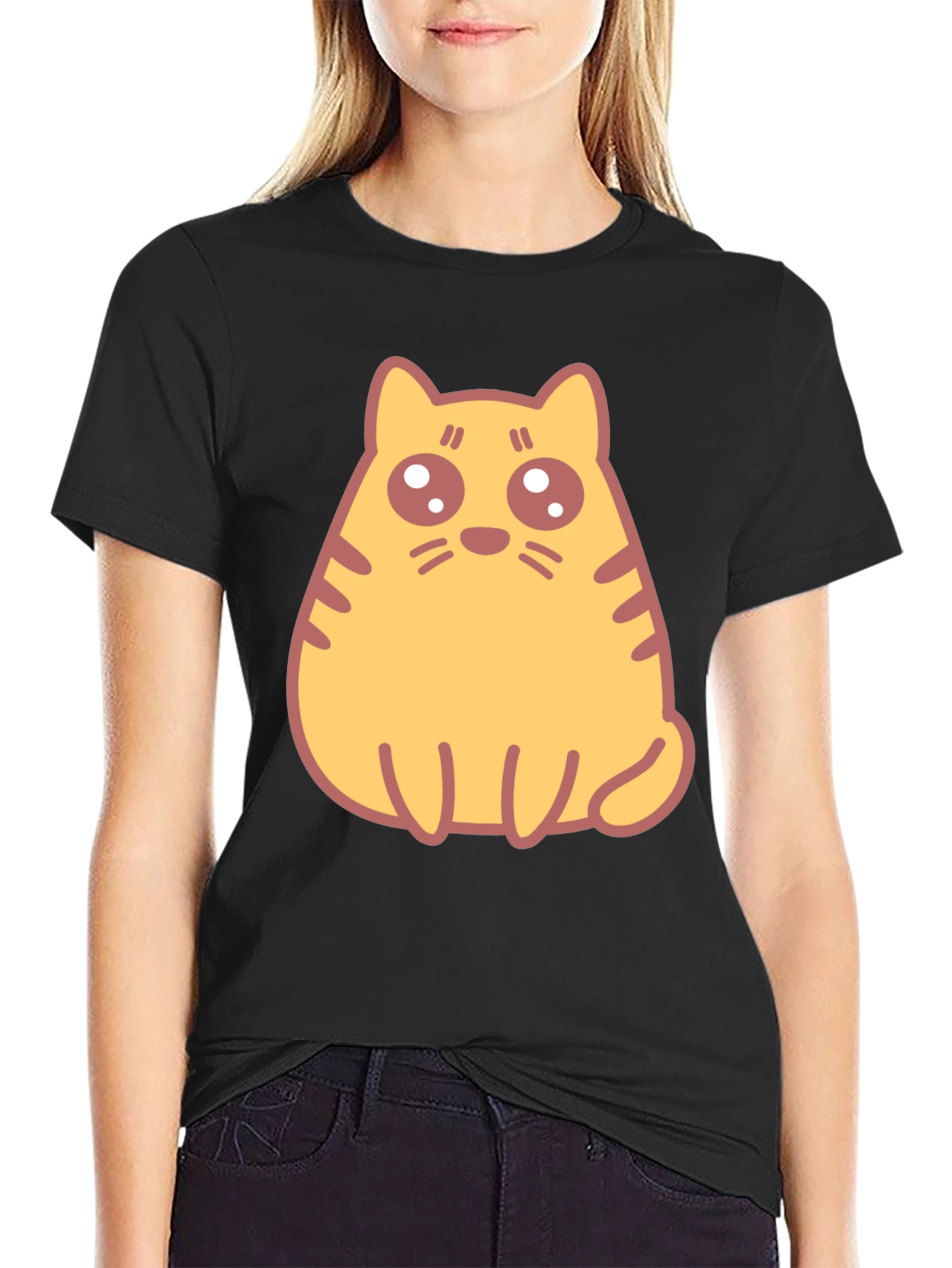 Cute Cartoon Cat Graphic T-Shirt - Black
