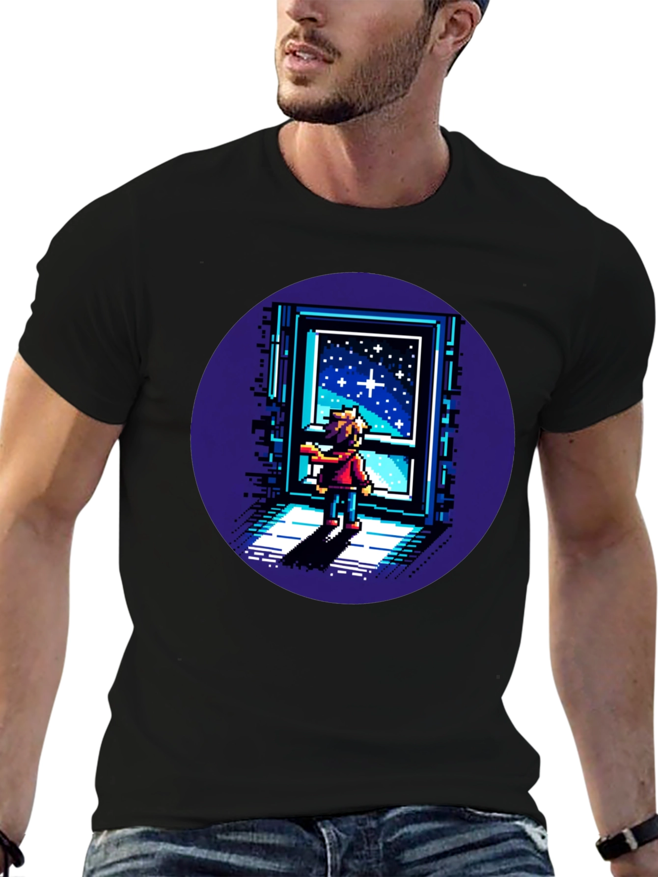 Pixel Art Stargazer T-Shirt - Unisex Black Tee
