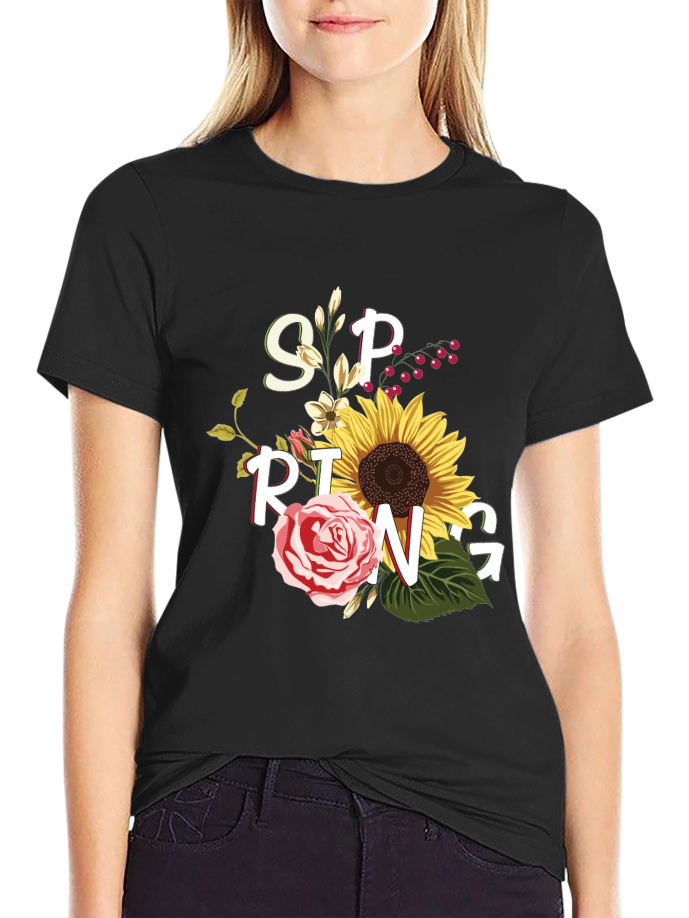 Floral Spring Graphic Tee - Black Unisex T-Shirt