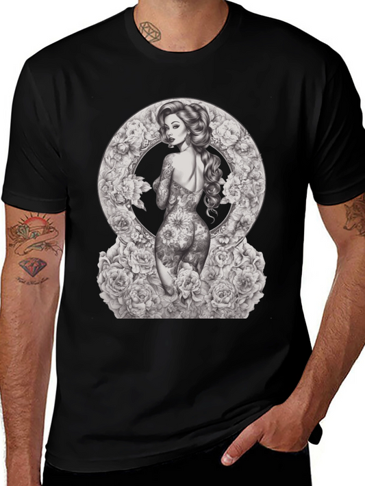 Tattooed Woman Floral Circle Graphic T-Shirt