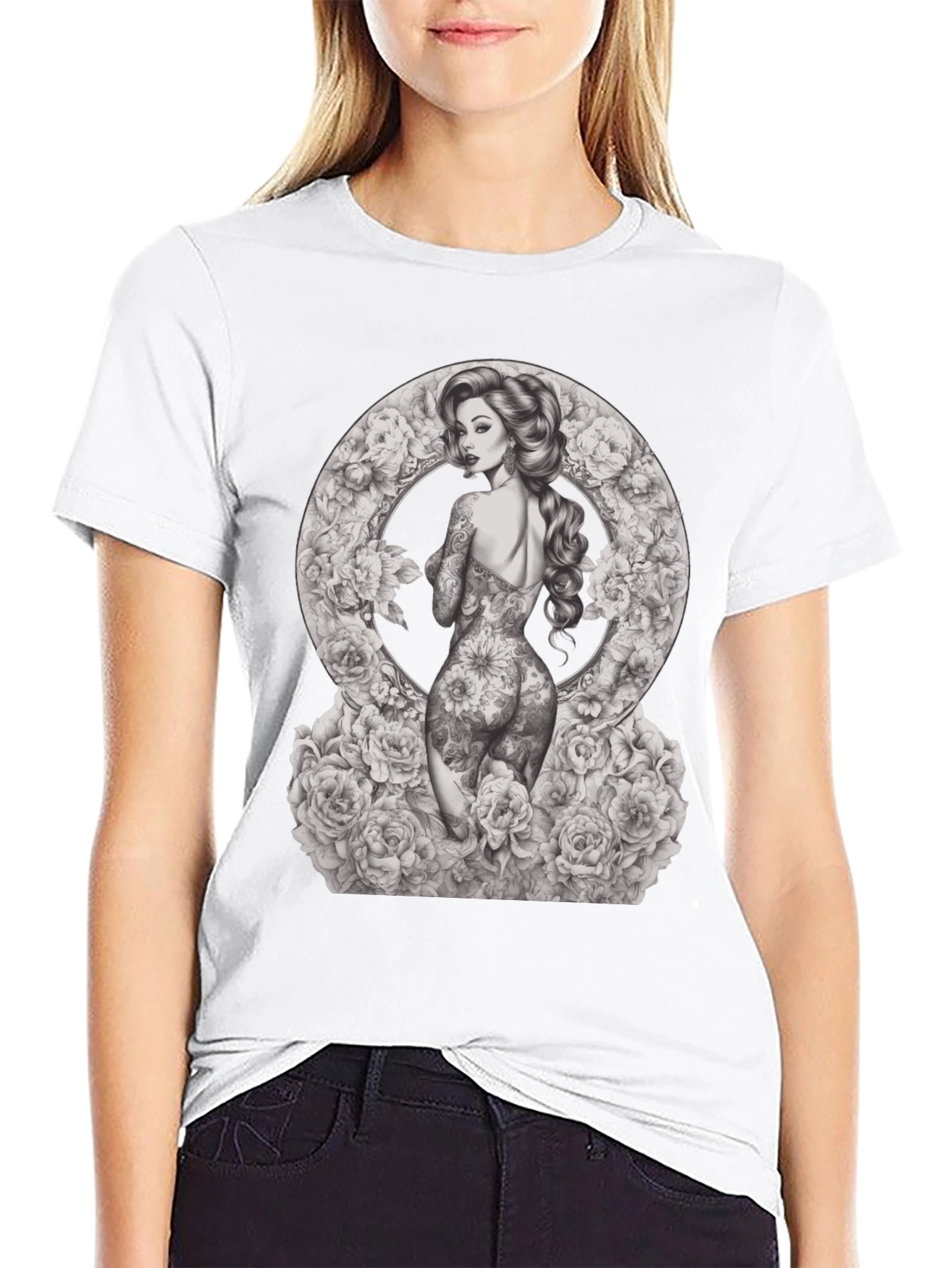 Tattooed Woman Floral Circle Graphic T-Shirt
