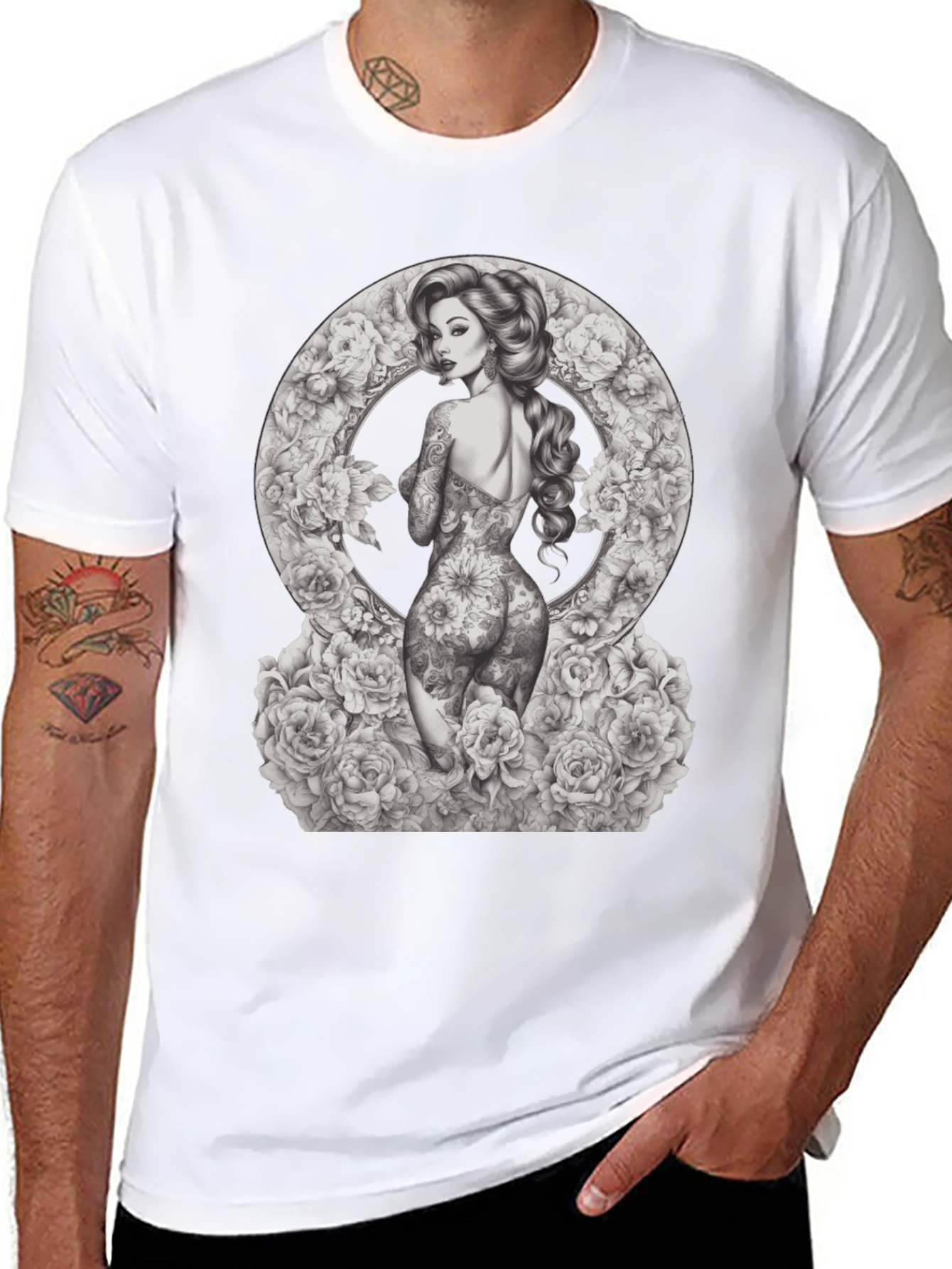 Tattooed Woman Floral Circle Graphic T-Shirt