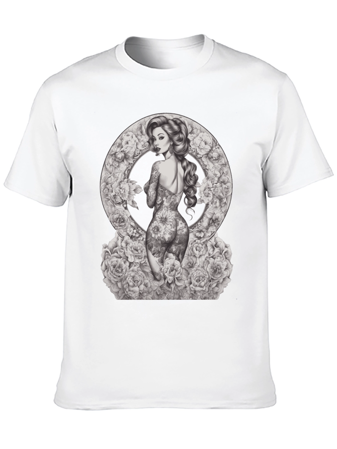 Tattooed Woman Floral Circle Graphic T-Shirt
