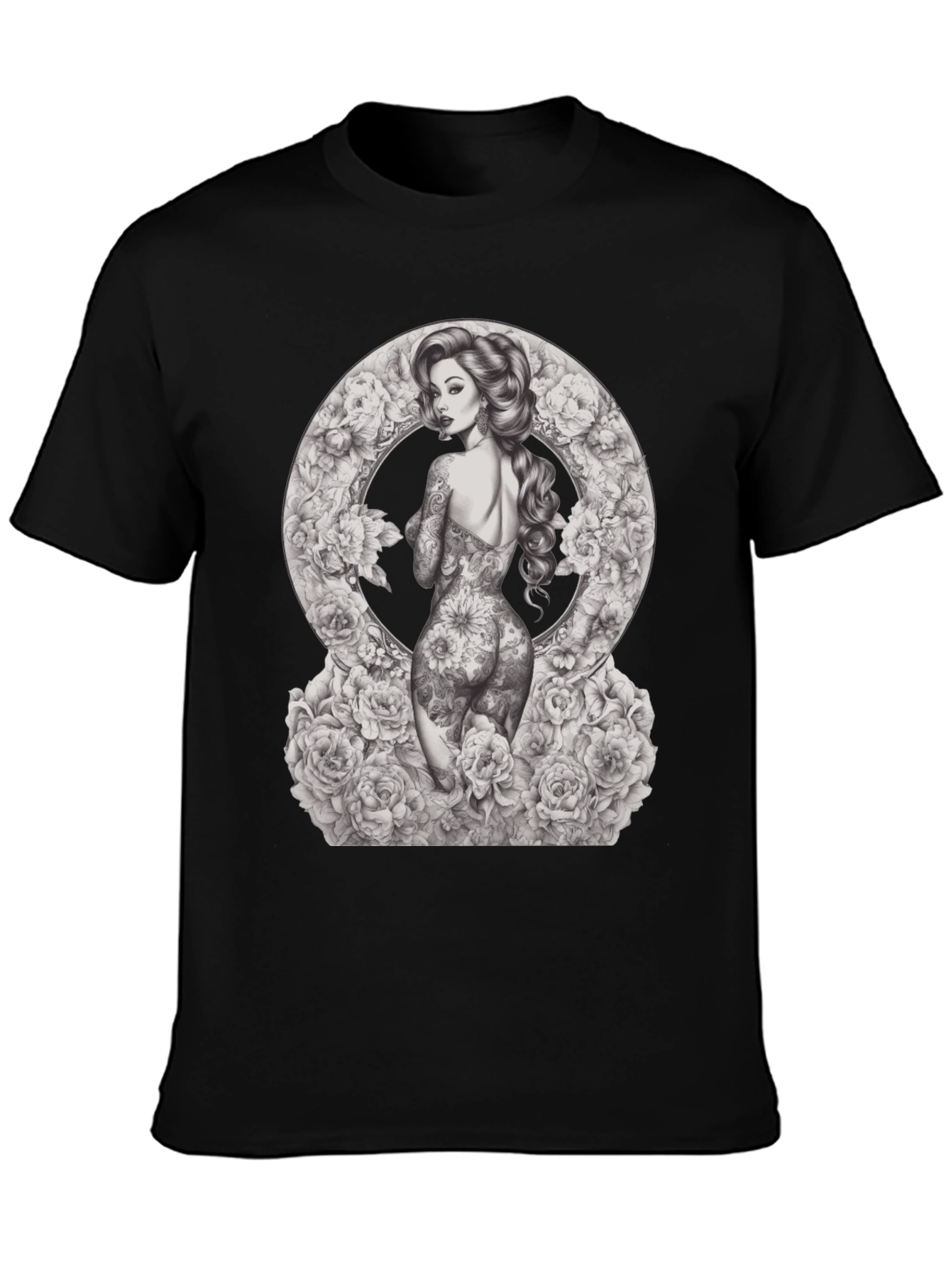 Tattooed Woman Floral Circle Graphic T-Shirt
