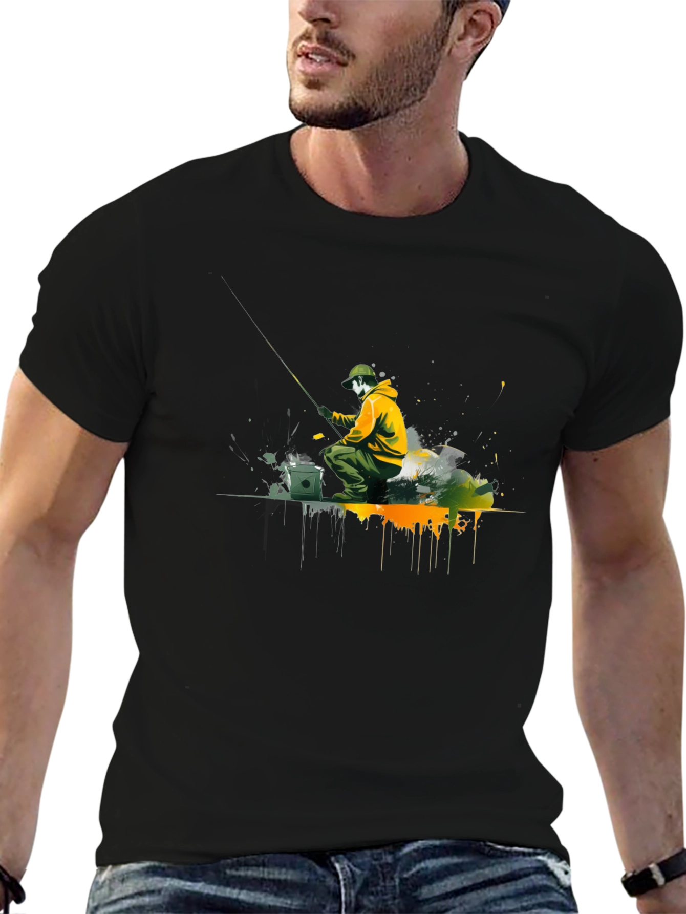 Fishing Graphic Tee - Mens Black Cotton Shirt
