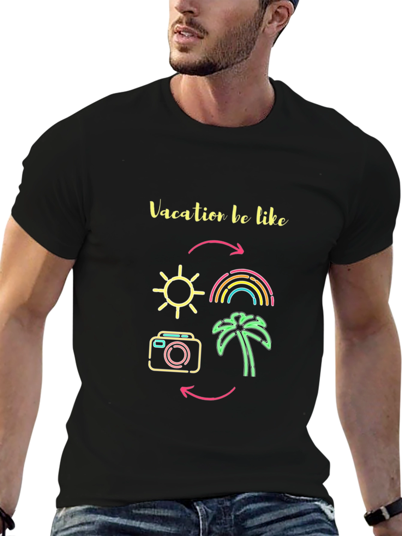 Vacation Mode Graphic Tee - Sun Rainbow Palm Tree
