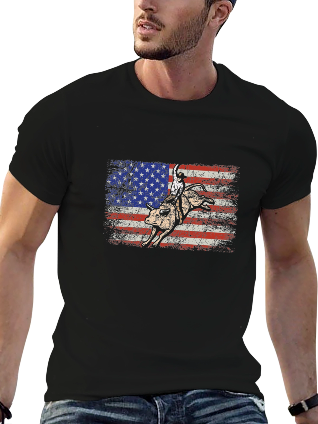 American Flag Bull Rider Graphic T-Shirt