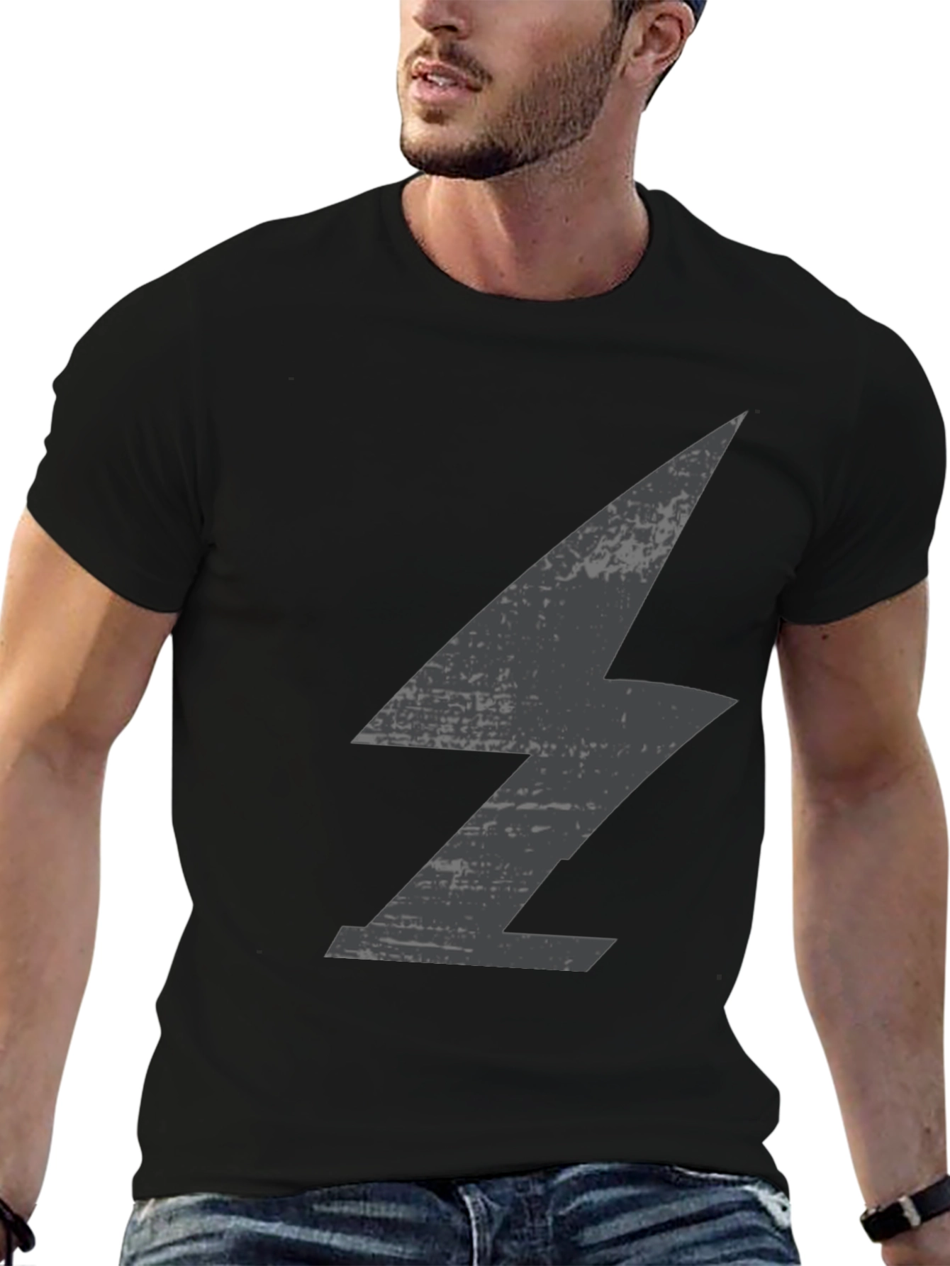 Mens Black T-Shirt with Lightning Bolt Graphic
