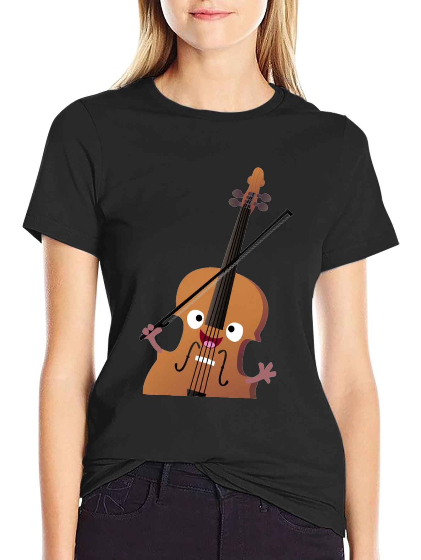 Funny Cello Cartoon Graphic Black T-Shirt