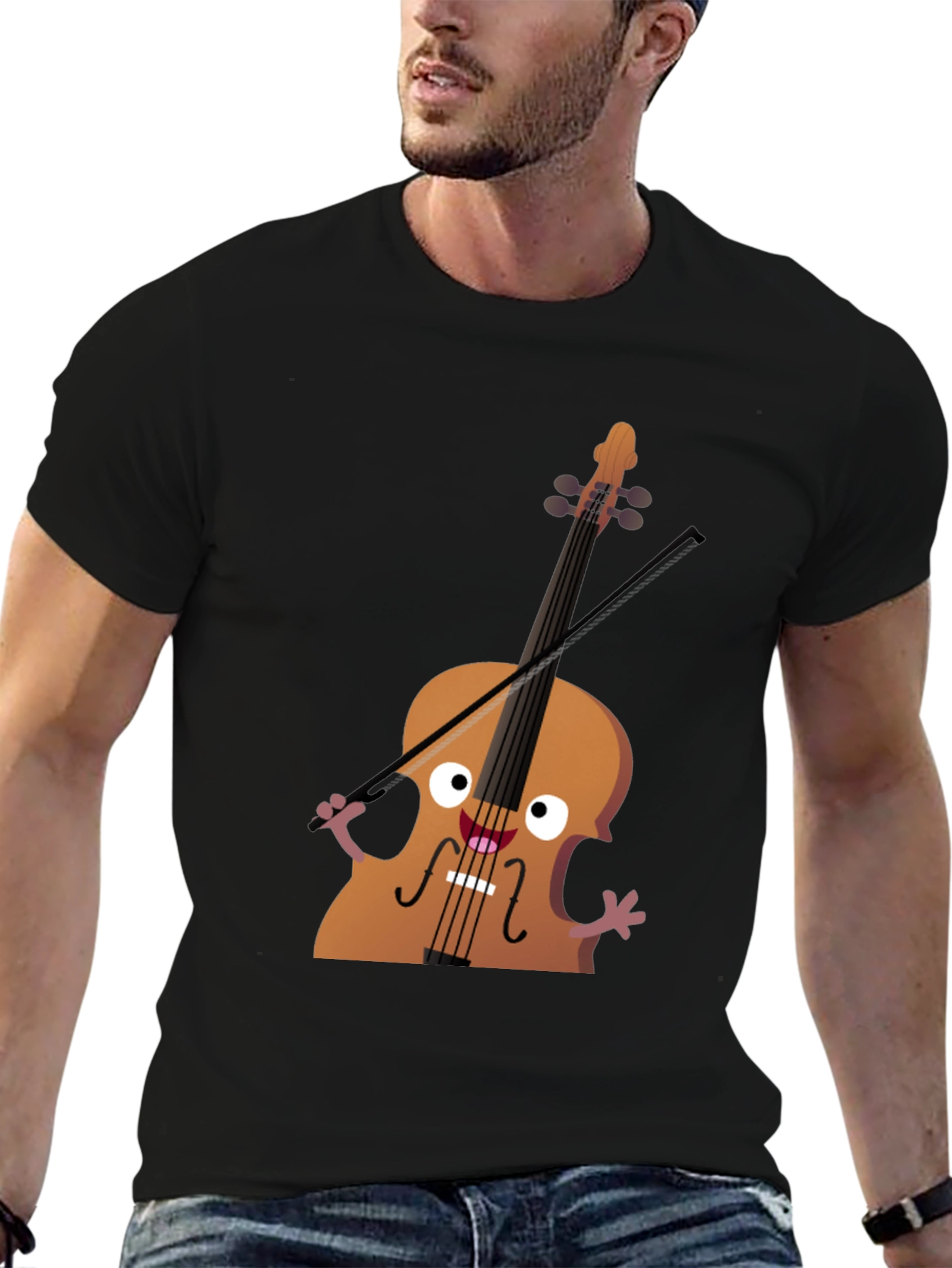 Funny Cello Cartoon Graphic Black T-Shirt