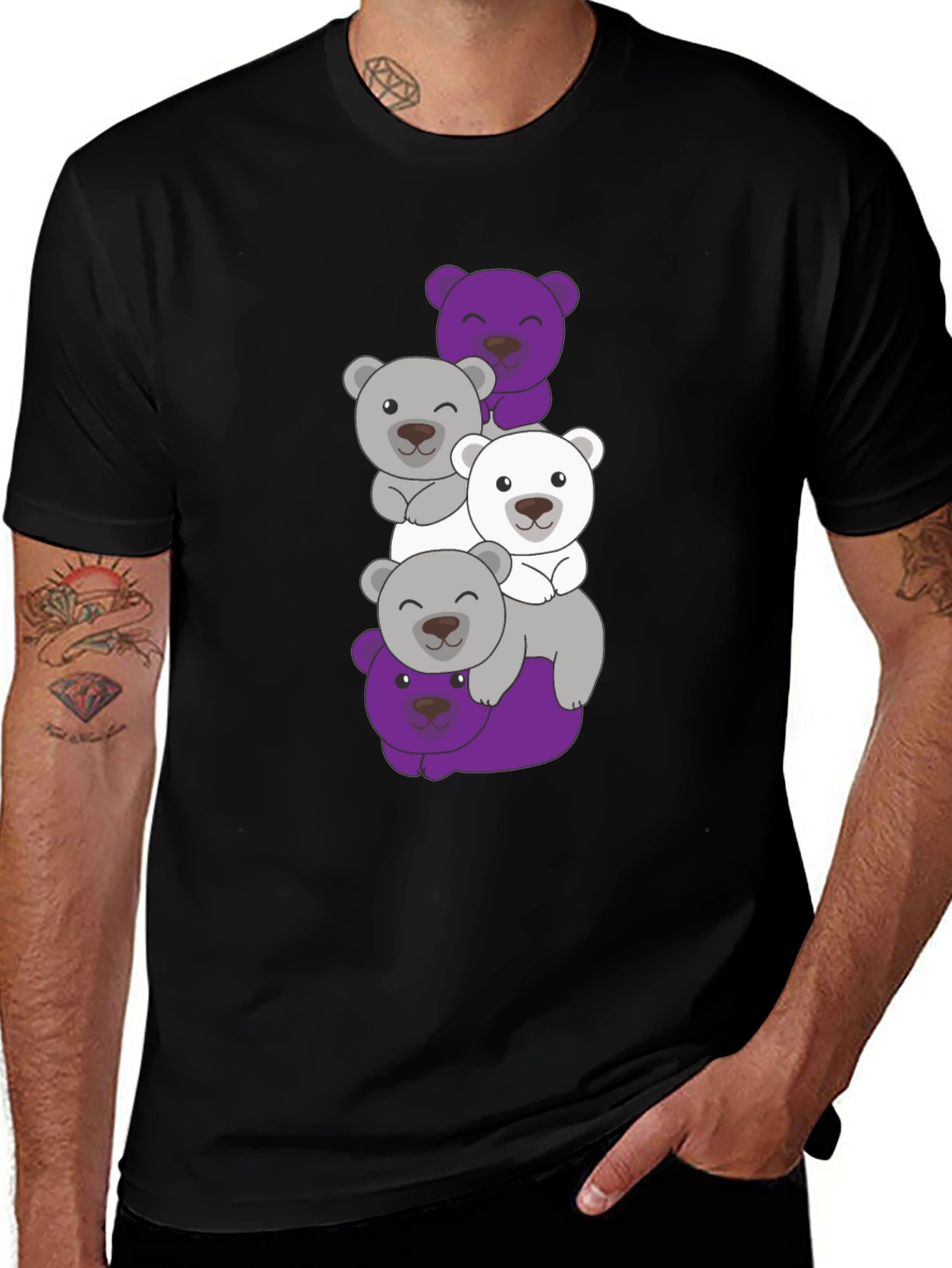 Stacked Bear Graphic Tee - Black Cotton Casual T-Shirt