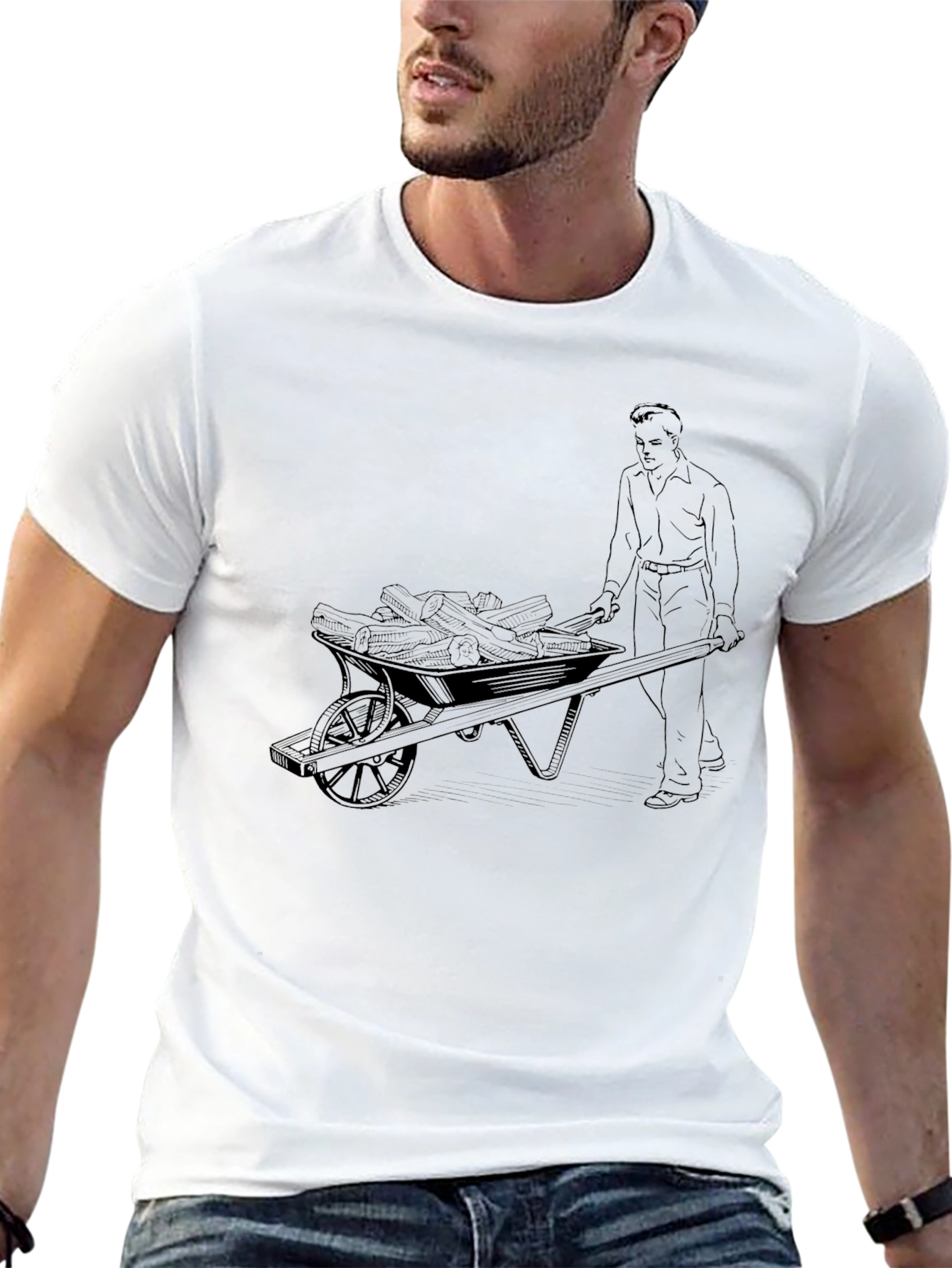 Black Graphic Tee - Man Pushing Wheelbarrow