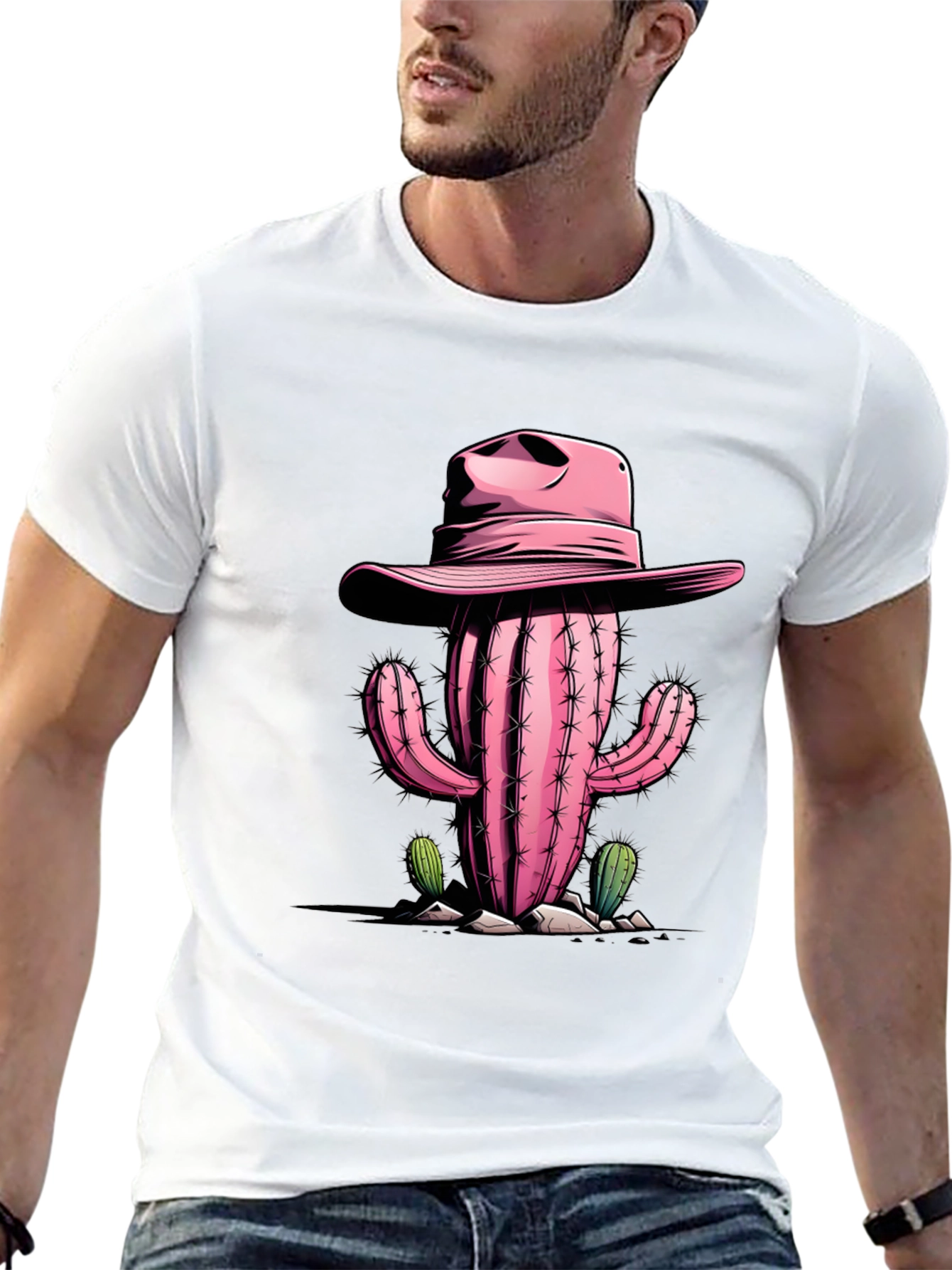 Pink Cactus Cowboy Graphic Tee - Western Style Shirt