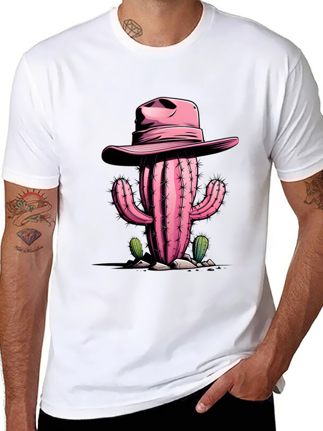 Pink Cactus Cowboy Graphic Tee - Western Style Shirt