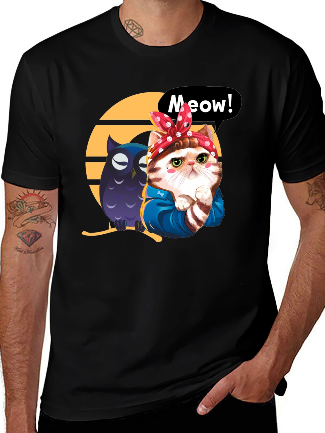 Cute Cat & Owl Black Graphic T-Shirt