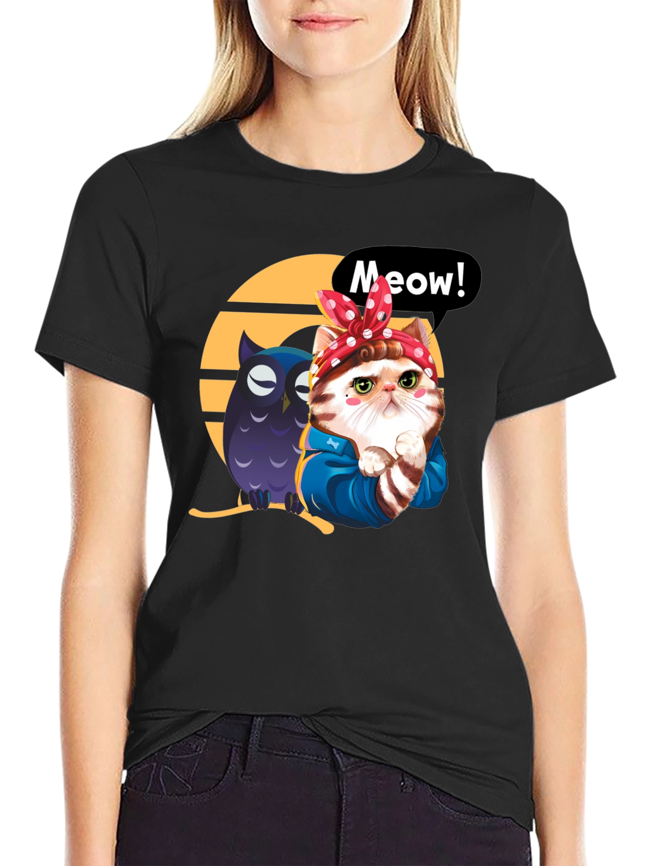 Cute Cat & Owl Black Graphic T-Shirt