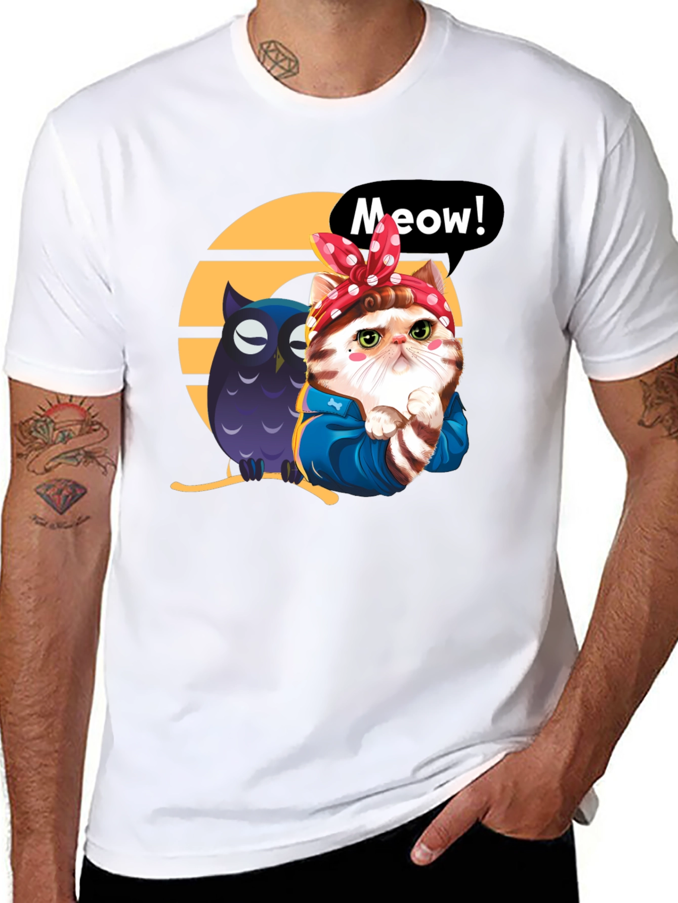 Cute Cat & Owl Black Graphic T-Shirt